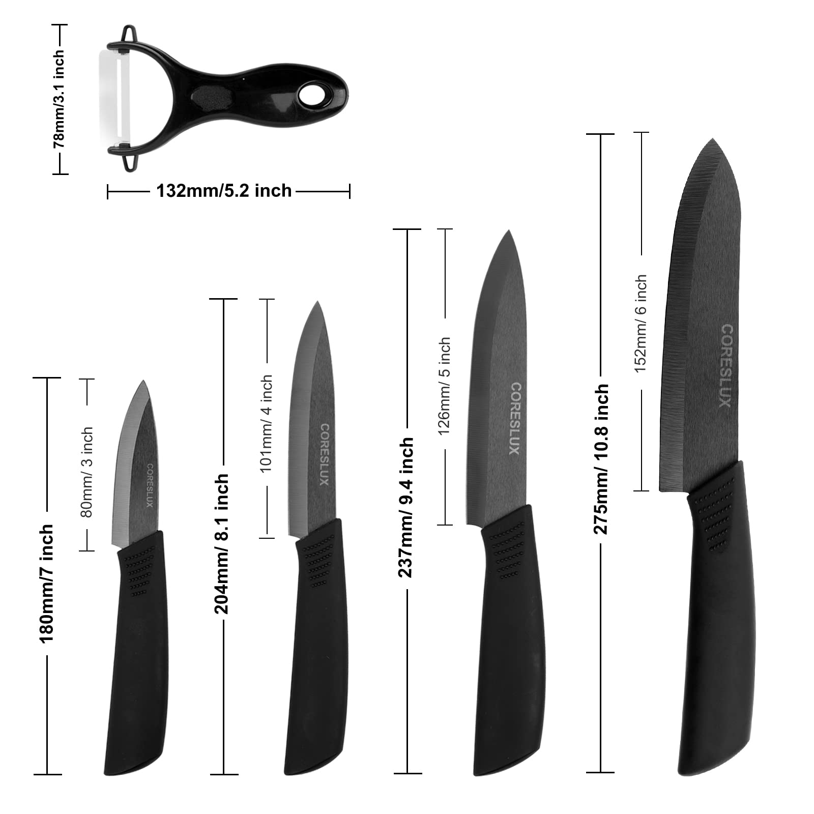 Premium 6-Piece Ceramic Knife Set - CORESLUX Ultra Sharp Kitchen Knives with 6