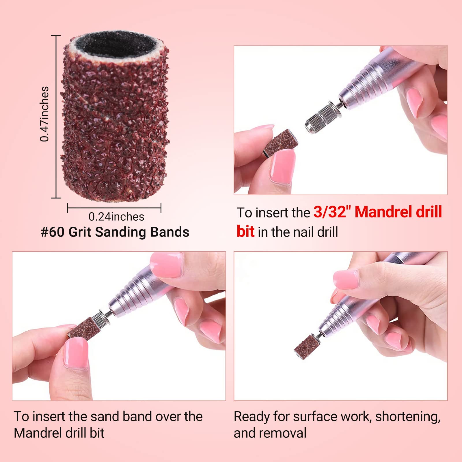 MelodySusie 100 Pcs Nail Drill Bits Sanding Bands - 60 Coarse Grit Nail File Sanding Bands for Acrylic Nails, Gel Manicures & Pedicures | Professional Nail Art Tools for Salon & Home Use