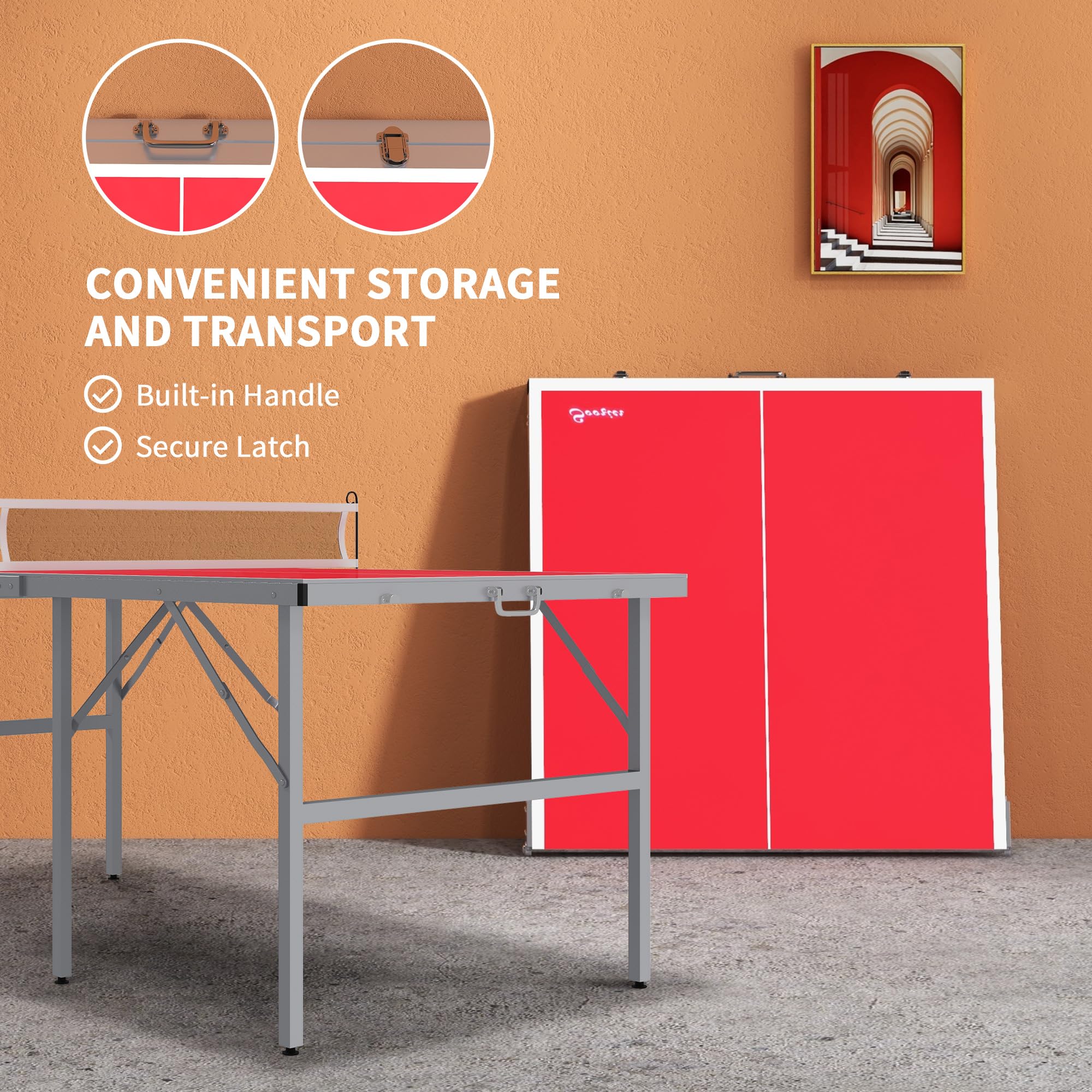 **Soozier Foldable Mini Ping Pong Table Set with Net, 2 Paddles & 3 Balls - Adjustable Feet for Indoor & Outdoor Use - Easy Assembly, Red - Perfect for Family Fun, Parties & Office Breaks**