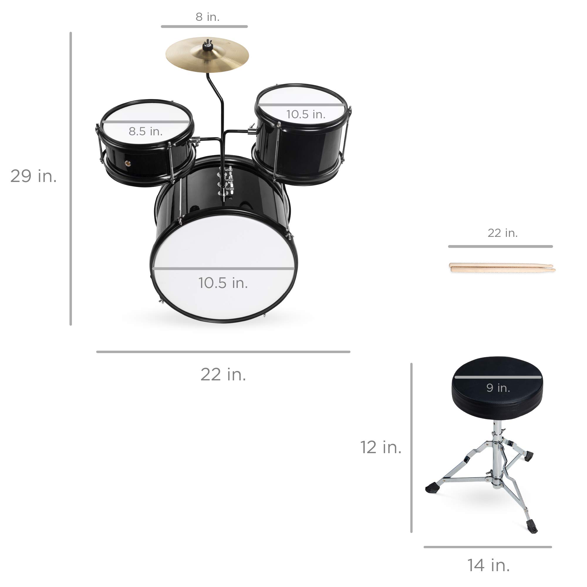 Best Choice Products 3-Piece Kids Drum Set for Beginners - Junior Drum Kit with Throne Stool, Cymbal, Drum Sticks & Bass Drum Pedal - Black - Perfect for Home Practice, Music Lessons & Kids Birthday Gifts