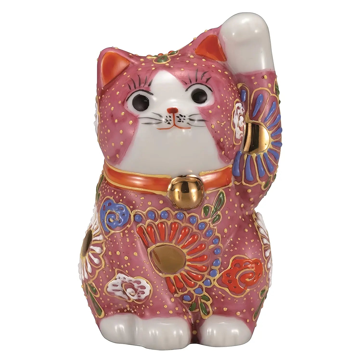 Authentic Japanese Kutani Ware Porcelain Maneki Neko Lucky Cat Figurine with Floral Design in Pink - 3.2