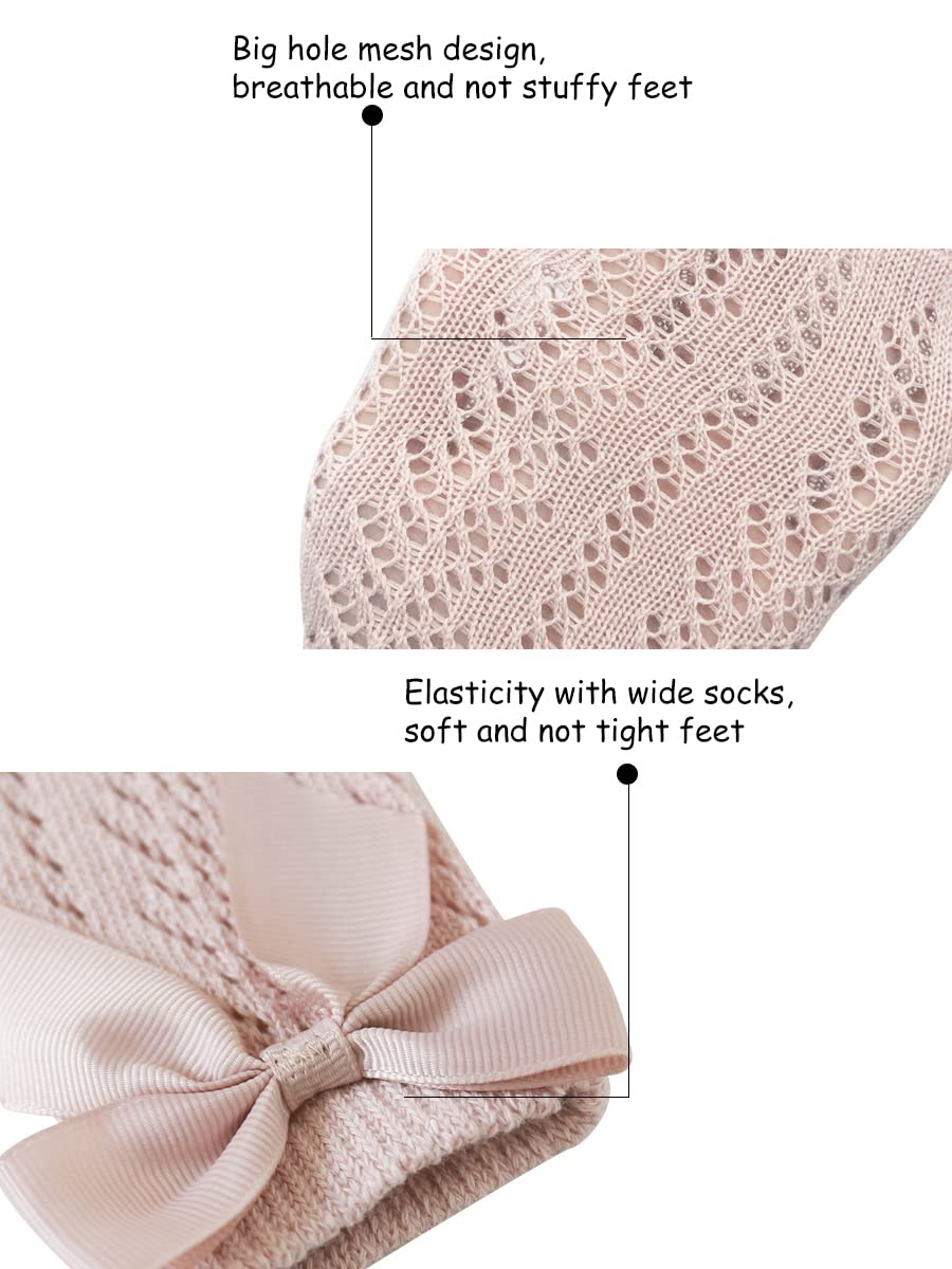 Baby Girl Knee High Socks with Bowknot - Thin Mesh Stockings for Infant & Toddler - Pointelle Princess Dress Socks (5 Pairs) - Perfect for Birthday Parties, Photo Shoots & Special Occasions
