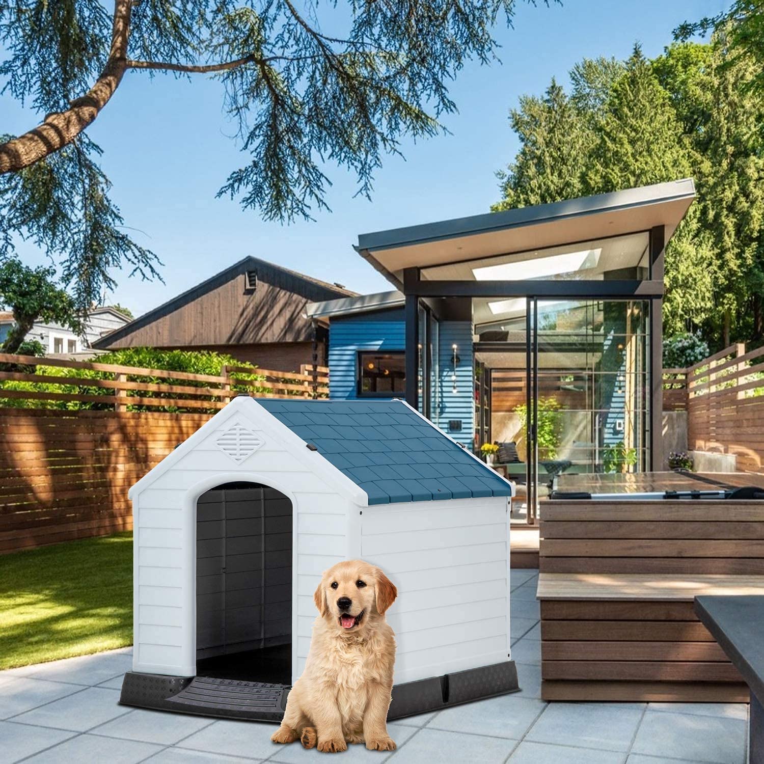 **Waterproof & Ventilated Outdoor Dog House for Large Dogs - All-Weather Plastic Pet Shelter with Air Vents & Elevated Floor - Indoor/Outdoor Use for Medium to Big Dogs (32in Height) - Perfect for Backyard, Patio, or Kennel**