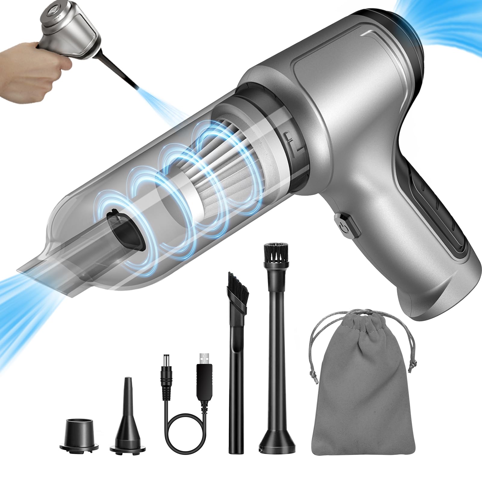 High Power Mini Car Vacuum Cleaner - 3 in 1 Handheld Portable Vacuum with 3 Washable Filters & Strong Suction | Perfect for Car Detailing, Home Cleaning, Keyboard Dusting & Office Maintenance