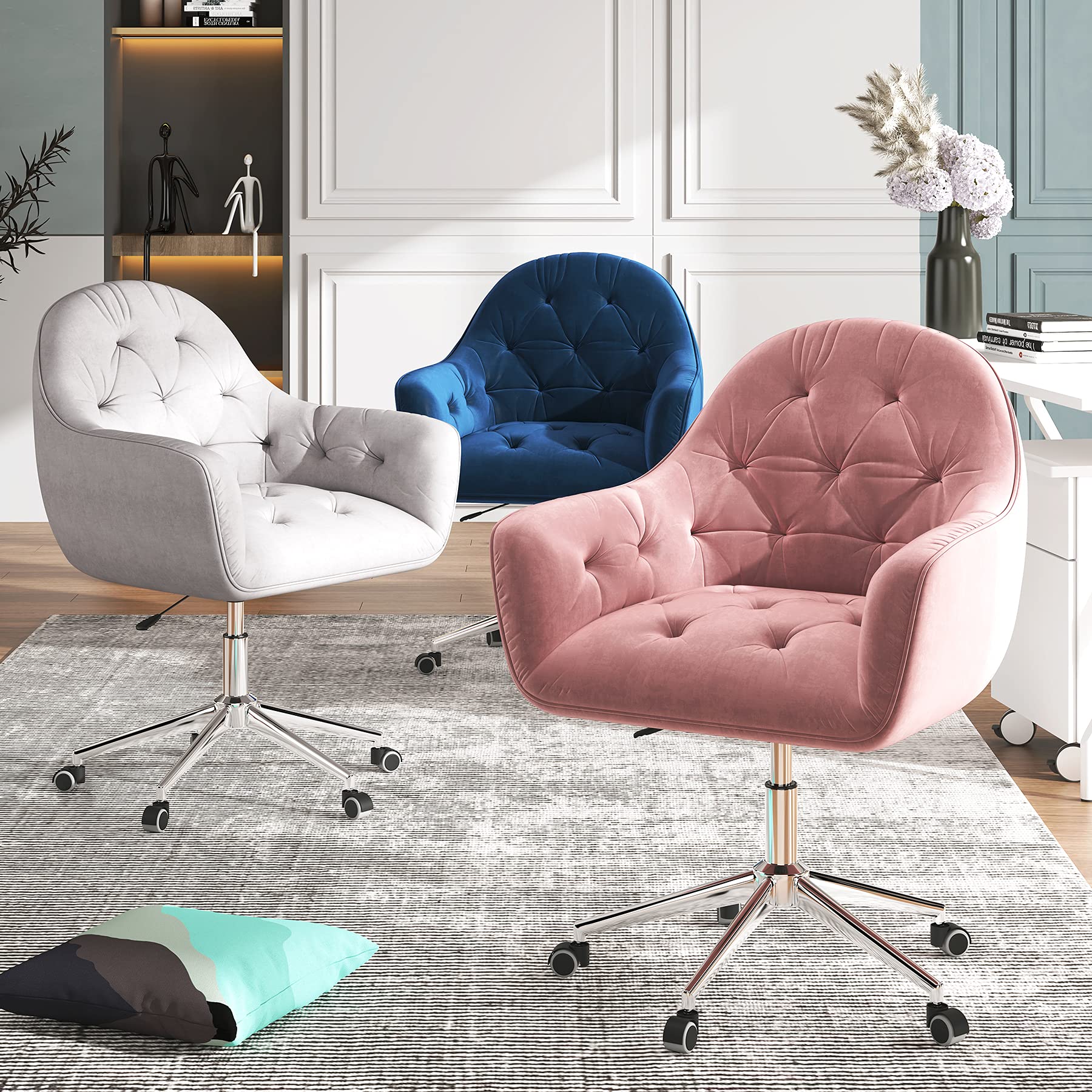 CAELUM Rolling Swivel Computer Desk Chair - Velvet Upholstered Ergonomic Office Chair for Home Office, Study, Bedroom, Gaming (Gray) | Perfect for Remote Work, Online Classes & Small Spaces