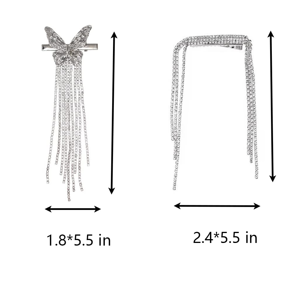 2 Pcs Rhinestone Butterfly Hair Clips - Sparkly Duckbill Hair Clips for Women & Girls, Fashionable Tassel Side Clips for Bangs & Hair Styling, Perfect for Parties, Weddings & Daily Wear