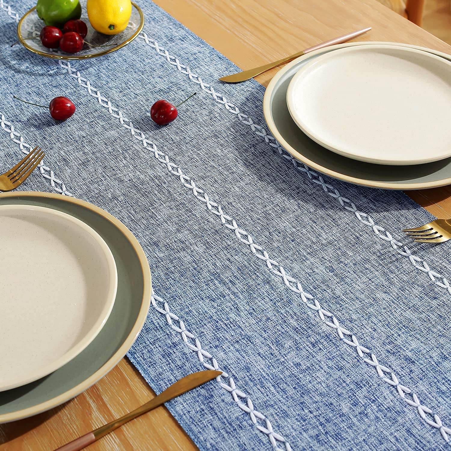 Rustic Farmhouse Linen Table Runner 90 Inches - Handmade Boho Tassel Embroidery Table Decor for Holiday Party, Dining Table, Dresser, Wedding & Home Decor (13x90 Inch, Blue) - Perfect for Farmhouse, Boho & Rustic Themed Events