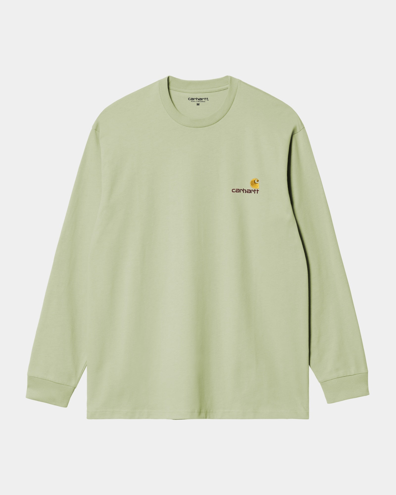 Vintage American Script Long Sleeve T-Shirt for Men & Women | Soft Cotton Crewneck Tee in Pale Olive Green | Casual Wear, Street Style, Everyday Outfit