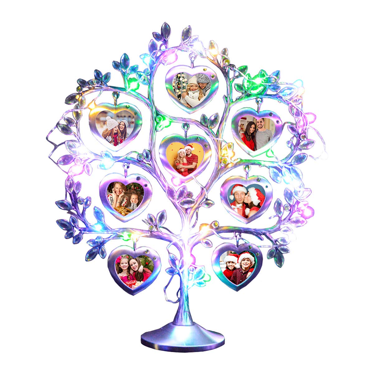 Custom Engraved Metal Family Tree Photo Frame with 8 Hanging Frames & LED Lights - Personalized Christmas, Birthday Gift for Family (Includes Rhinestone Accents) - Perfect for Home Decor, Wall Display, and Special Occasion Gifting
