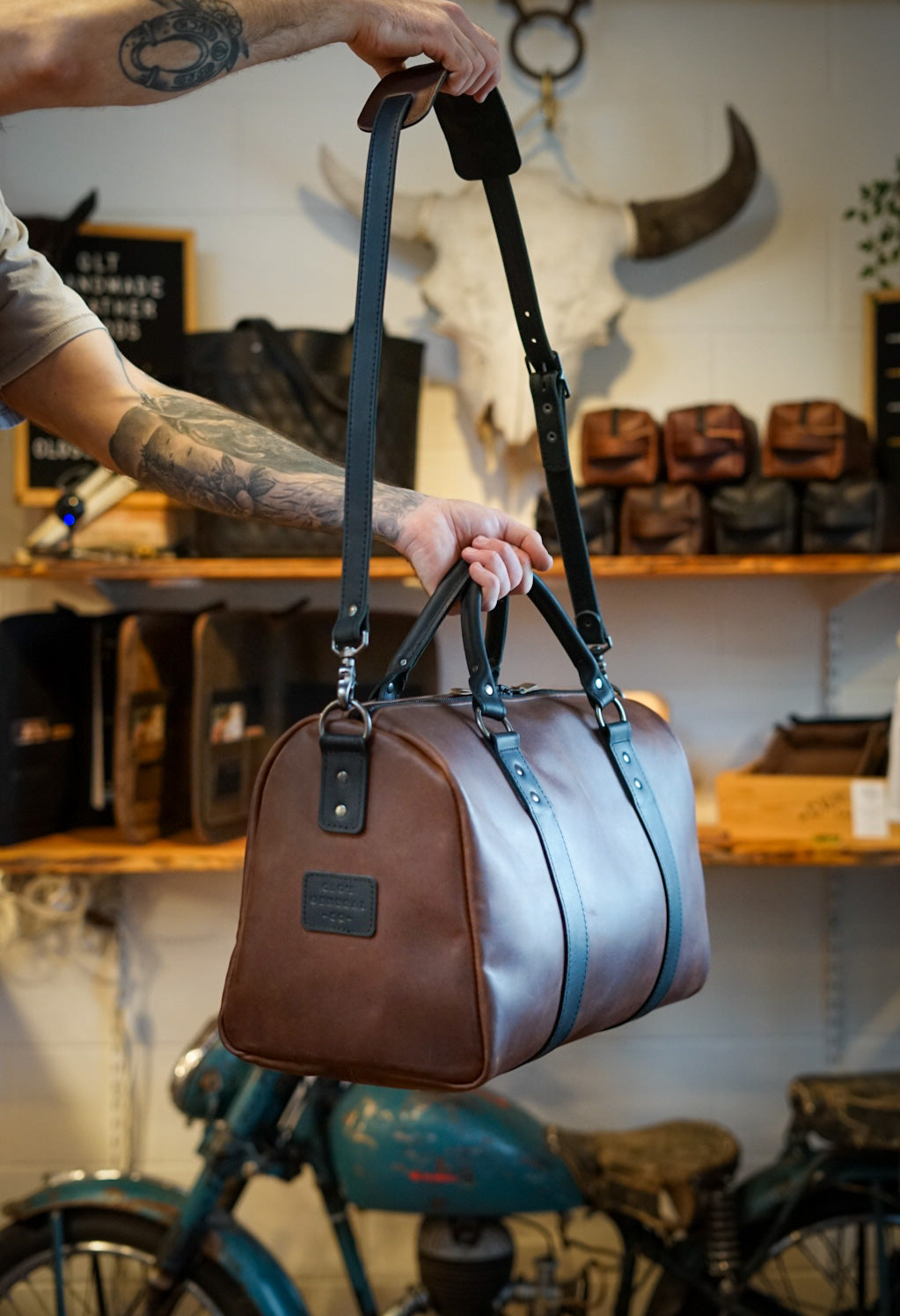 Premium Overnight Duffle Bag for Travel & Gym - Dark Amber Harness Leather with Flat Black Accents - Perfect for Weekend Trips, Workouts & Business Travel