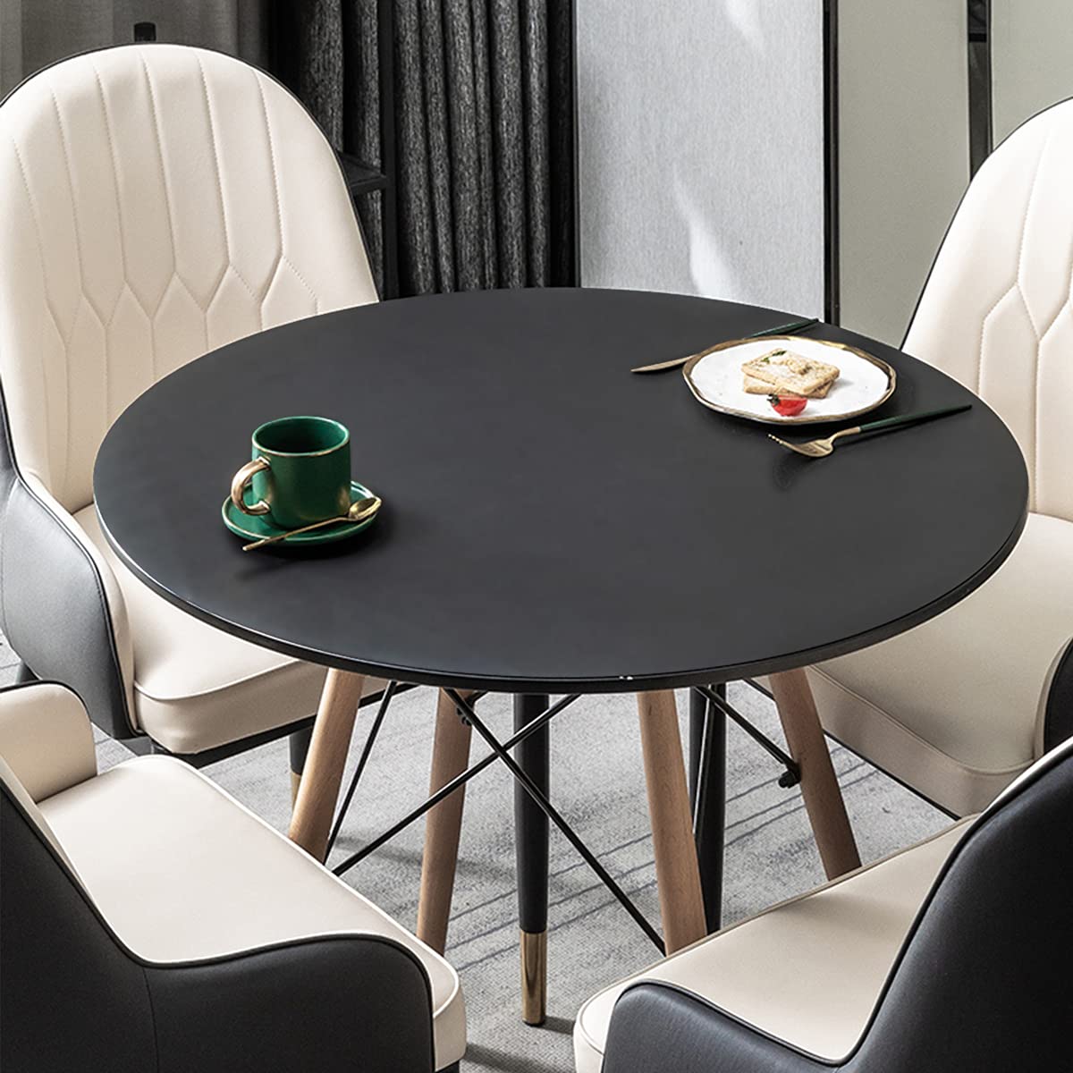 Waterproof Round Plastic Vinyl Tablecloth with Flannel Backing & Elastic Edge - Fitted Dining Table Protector for Kitchen, Restaurant or Outdoor Use (Black, Small 36-42 Inch)