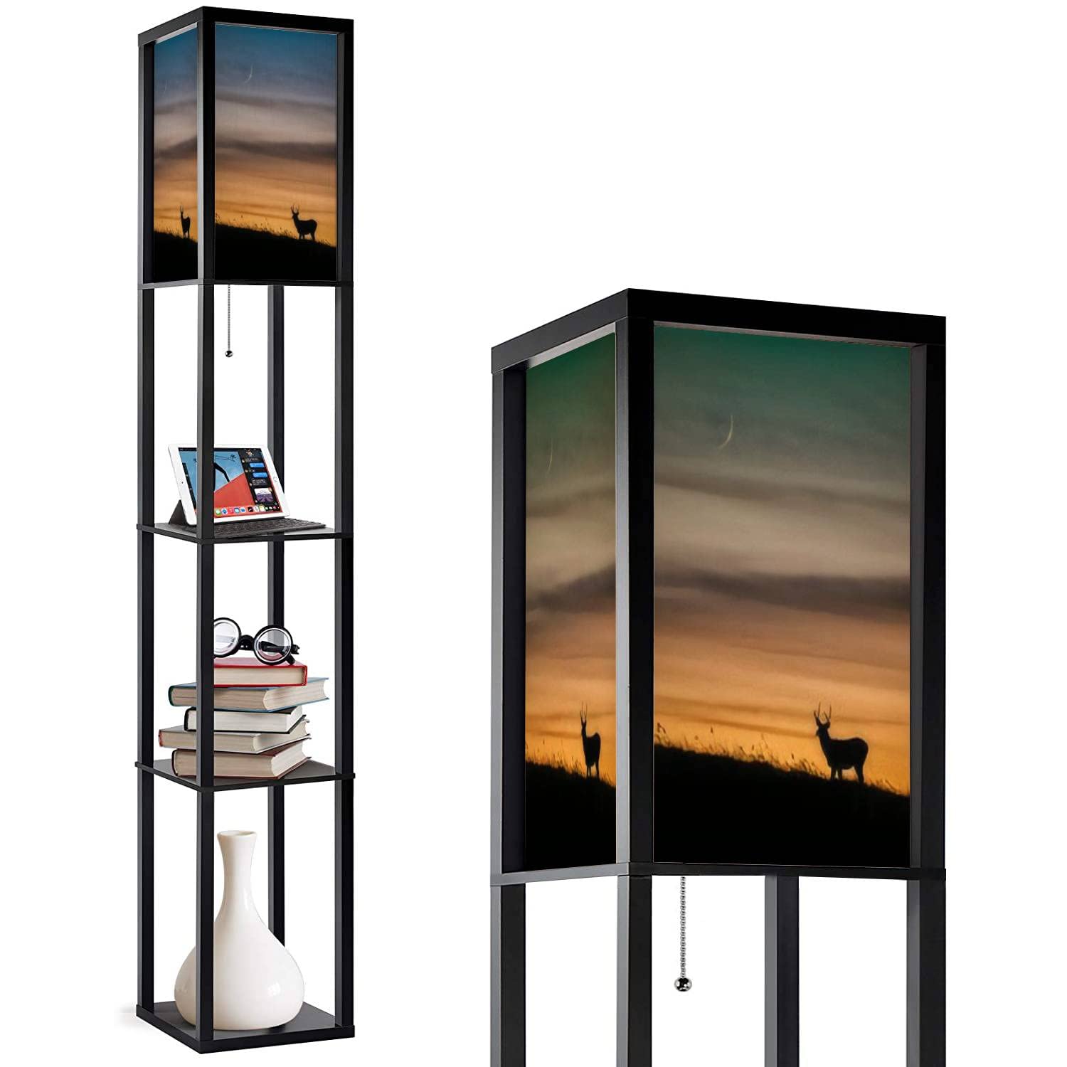 Corner Floor Lamp with Shelves - Mule Deer at Sunset in Banff Canada - Tall Standing Lamp with Linen Lampshade & 3-Color LED - Perfect for Living Room, Bedroom, Nursery, or Kids' Room Decor