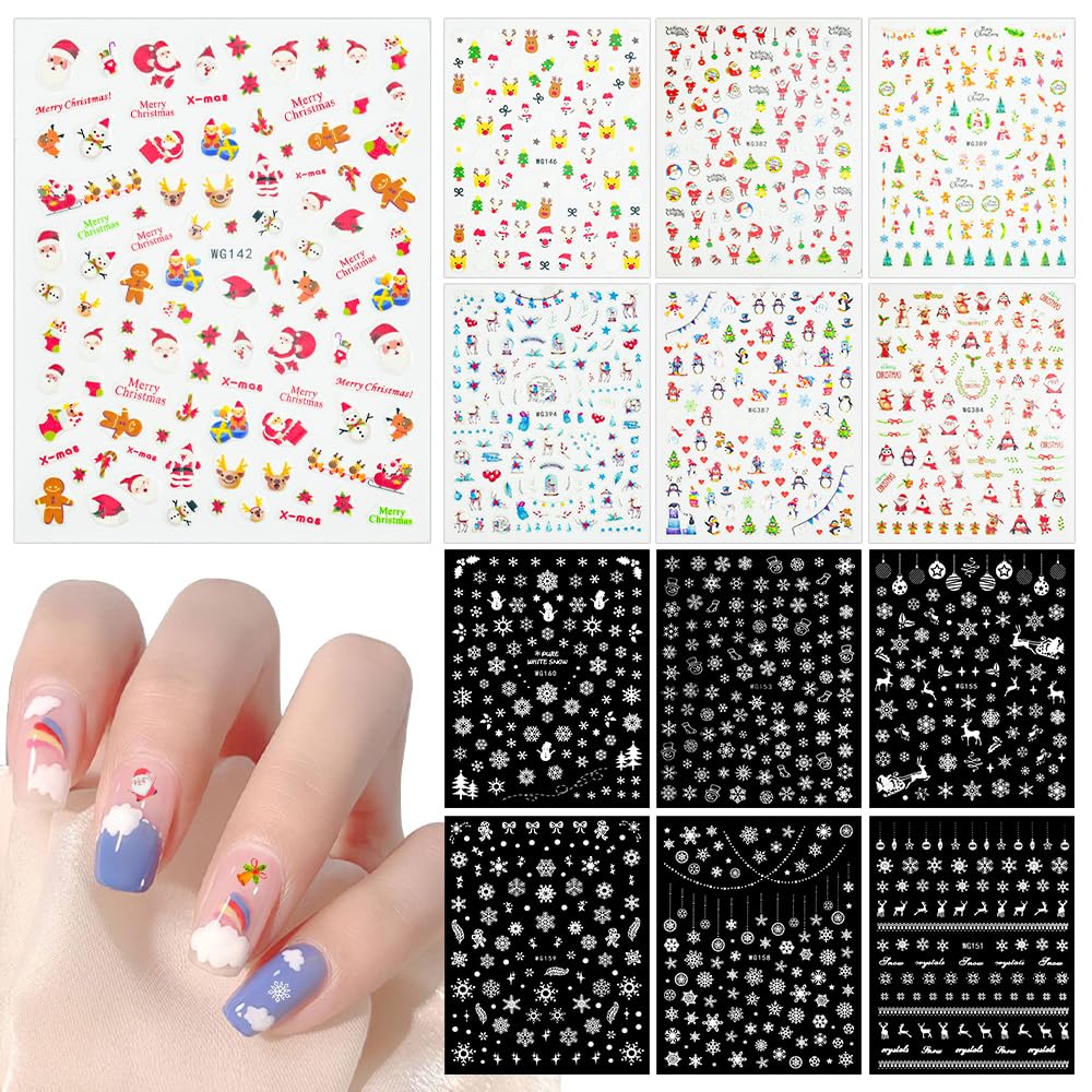 Christmas Nail Art Stickers - 13 Sheets Winter Snowflake/Santa/Reindeer Nail Decals - Self-Adhesive Nail Stickers for Women & Girls - Perfect for Holiday Parties & DIY Manicures