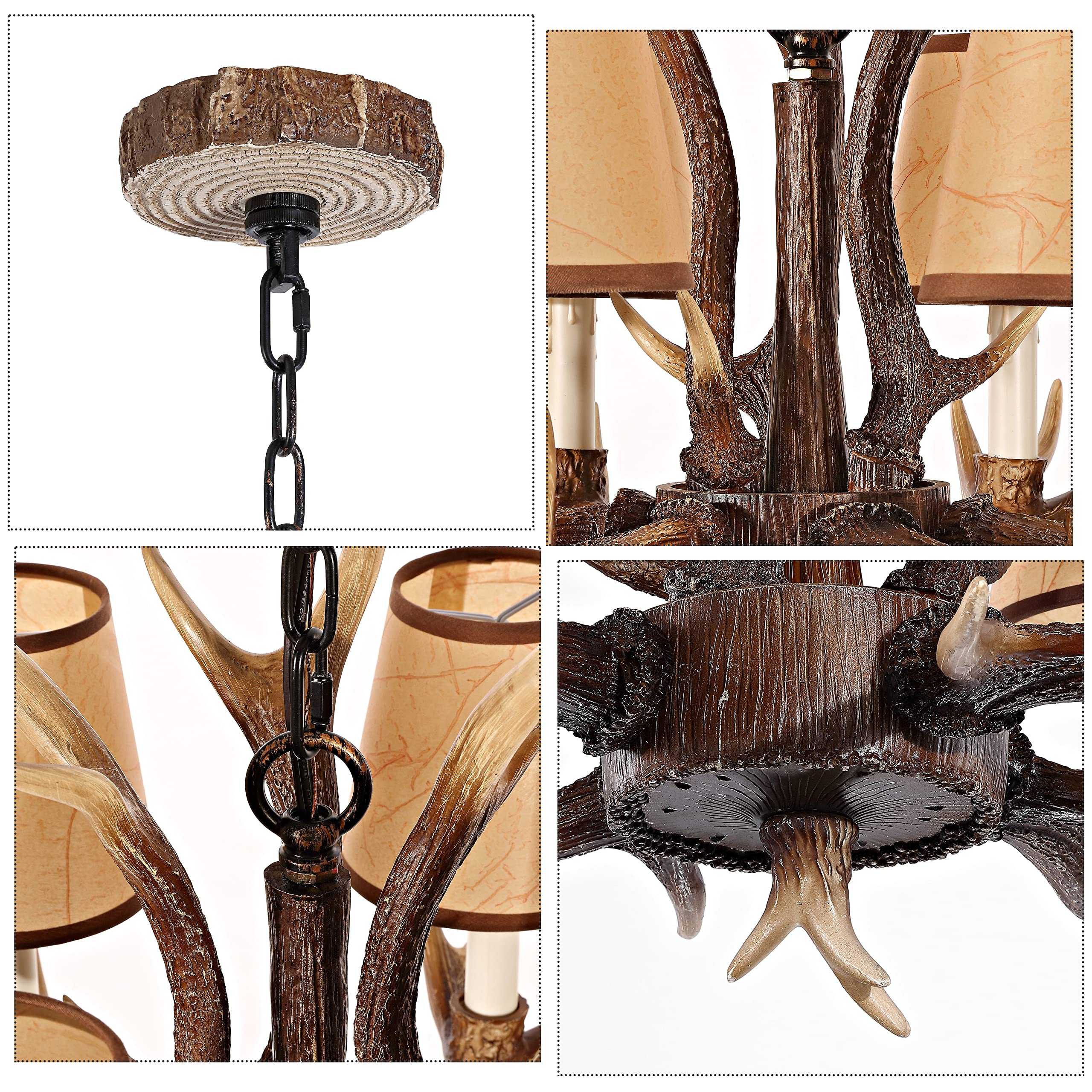 4-Light Antler Chandelier - Rustic Deer Horn Lighting Fixture with Shades for Kitchen, Dining Room, Living Room, Bedroom, Bar & Cabin Decor | Perfect for Lodge, Hunting Cabin & Western Style Homes (Brown)