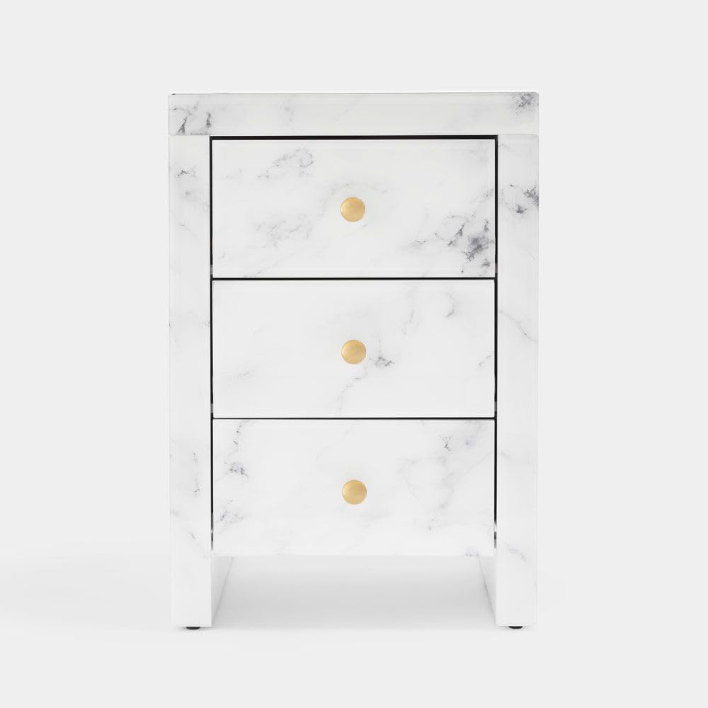 Glass Three-Drawer Nightstand - Stylish White Marble Textured Tempered Glass Bedside Table with Golden Metal Handle | Modern Bedroom Furniture for Small Spaces & Apartment Living