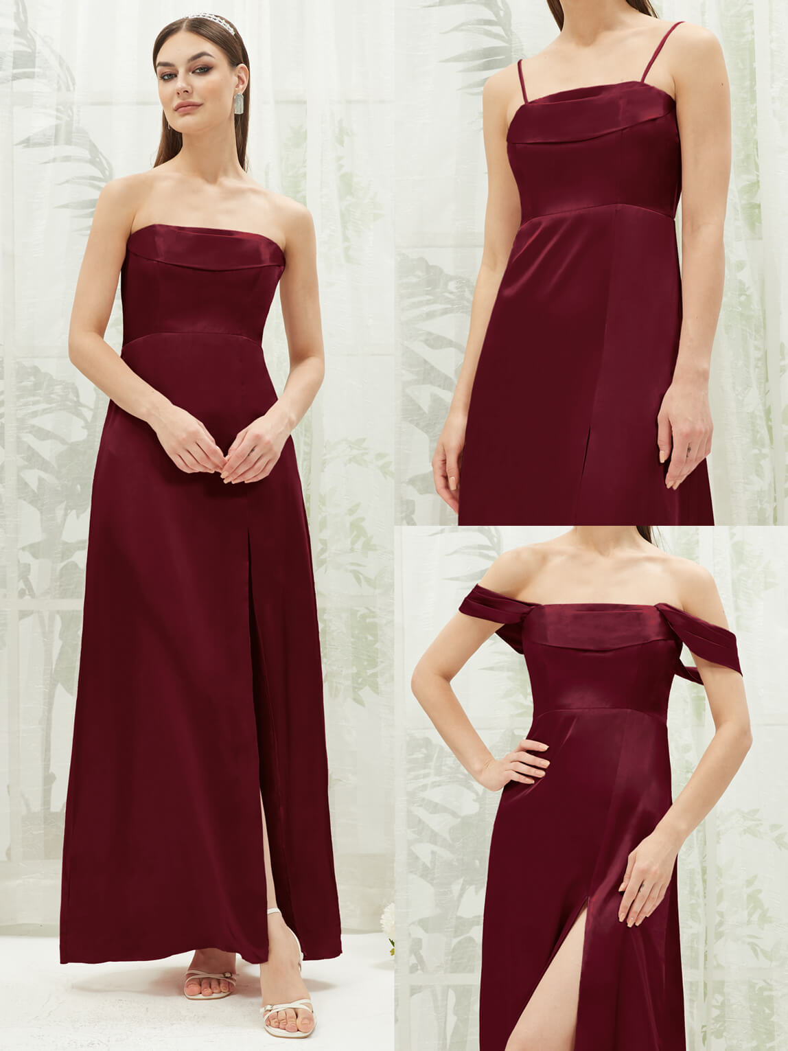 Elegant Burgundy Satin Convertible Slit Maxi Bridesmaid Dress - Perfect for Weddings, Prom & Formal Events