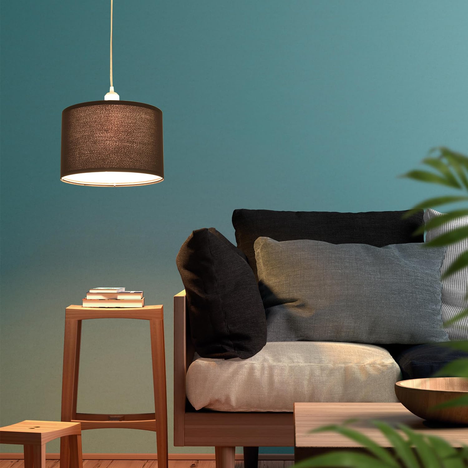 2 Pack Plug in Pendant Light with 15Ft Clear Cord & On/Off Switch - Black Fabric Lamp Shade Hanging Light Fixture for Bedroom, Kitchen, Dining Table & Living Room - Perfect for Modern Home Decor, Farmhouse Style & Apartment Lighting