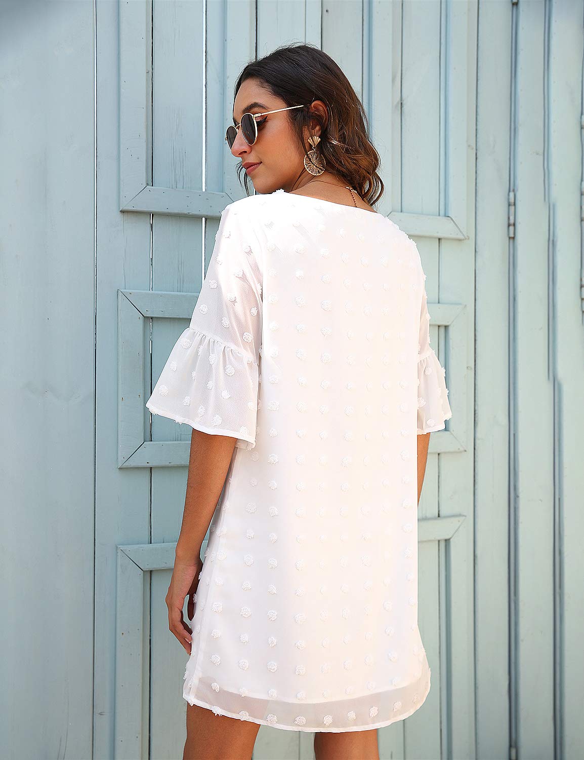 Women's White Chiffon Flowy V-Neck Ruffle Mini Dress - Short Sleeve Cute Sun Dress for Summer Outings, Beach Vacations & Casual Dates