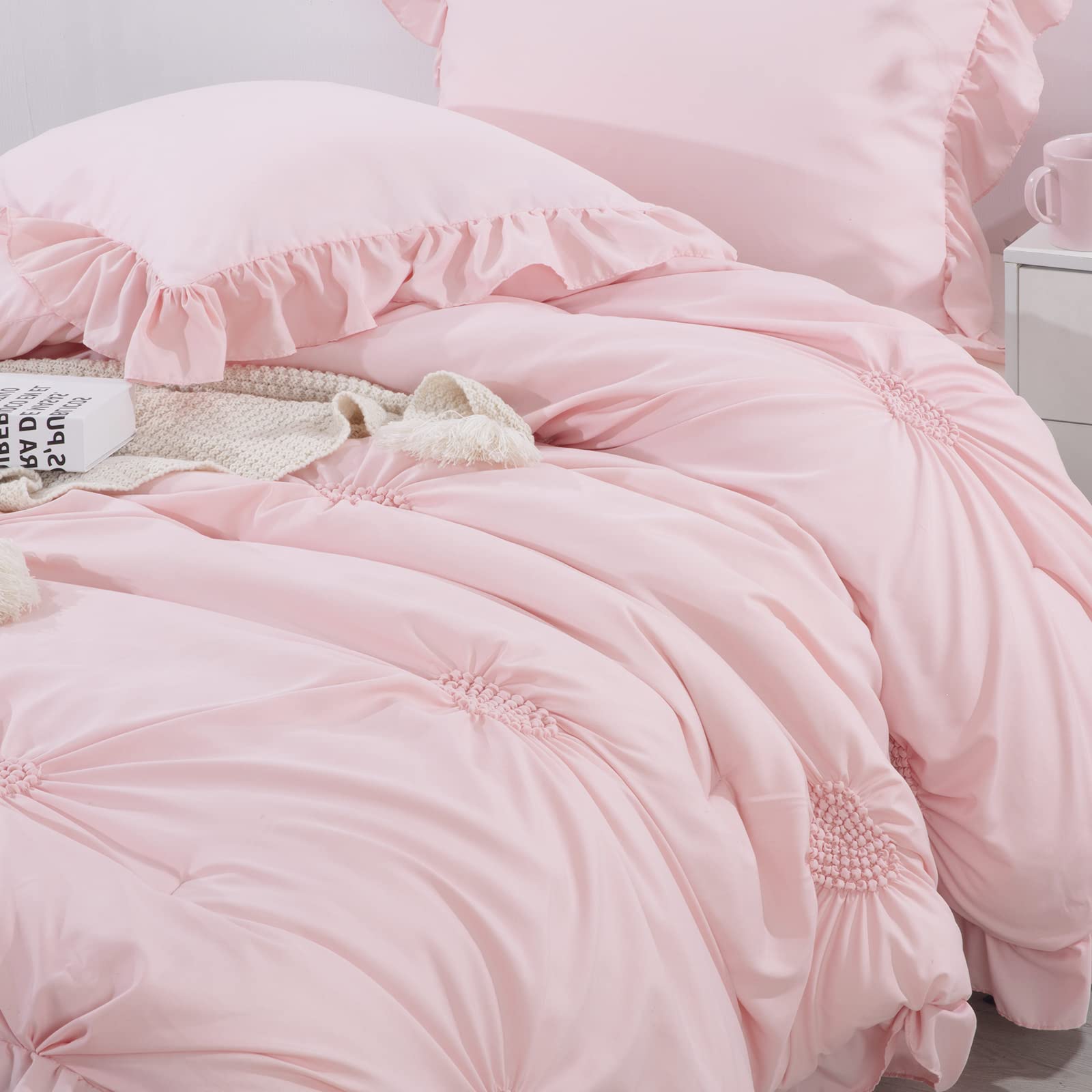 HOMBYS Pink Comforter Set for Girls - 3 Piece Blush Pinch Pleat Bedding with Ruffles, Full/Queen Size, All Season Soft & Cozy - Perfect for Kids Bedroom, Teen Room Decor & Gift Ideas