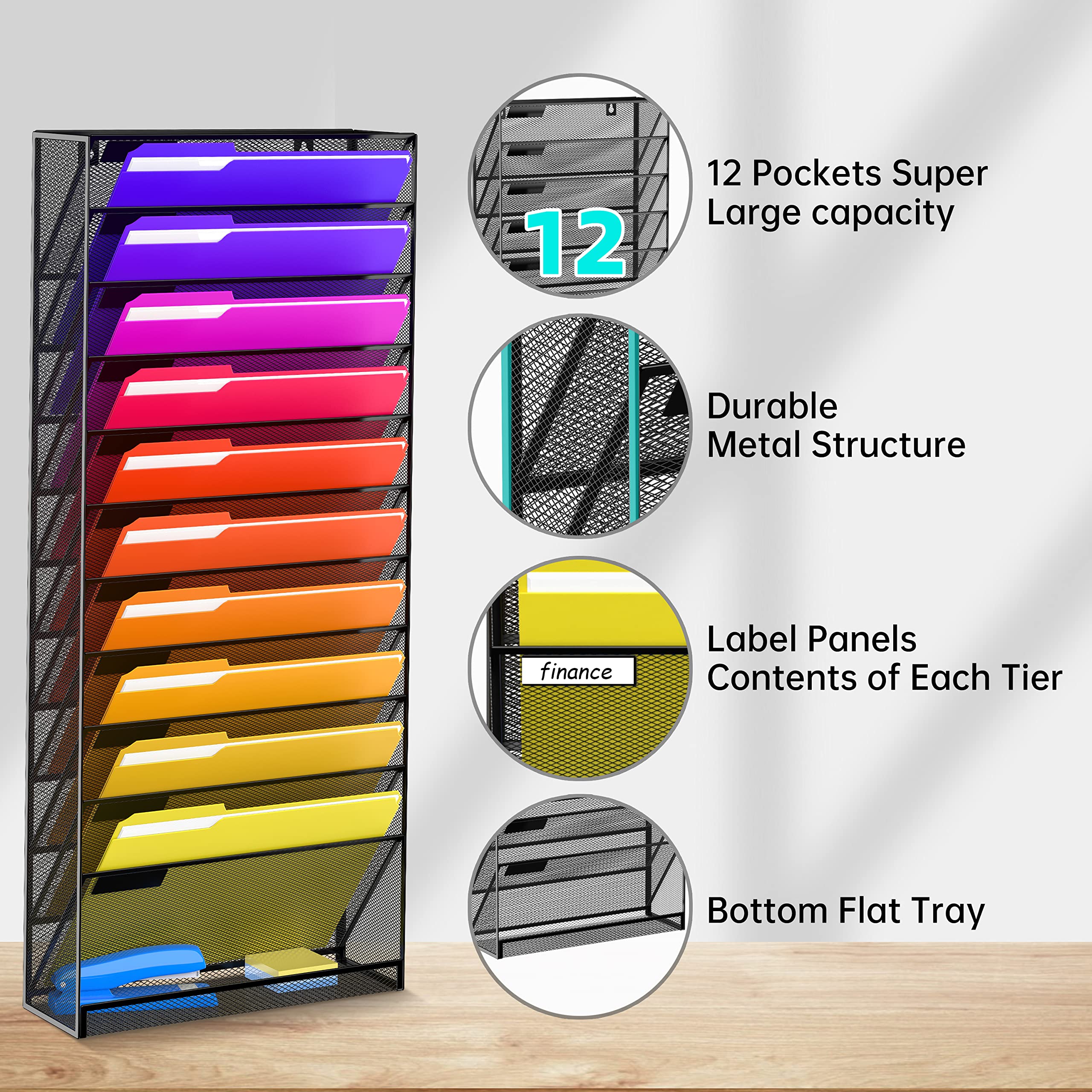 12-Tier Wall File Organizer - Mesh Metal Hanging File Folder Holder for Office & Home - No Assembly Magazine/Document Paper Rack - Space-Saving Black Wall Mount Organizer - Perfect for Desk Organization, Mail Sorting & Home Office Storage