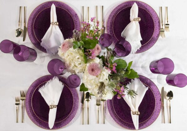 32-Piece Purple and Gold Hammered Plastic Dinnerware Set - Round Plates, Bowls, Cups & Utensils for 16 Servings - Durable BPA-Free Dish Set for Parties, Picnics, Outdoor Events & Everyday Use