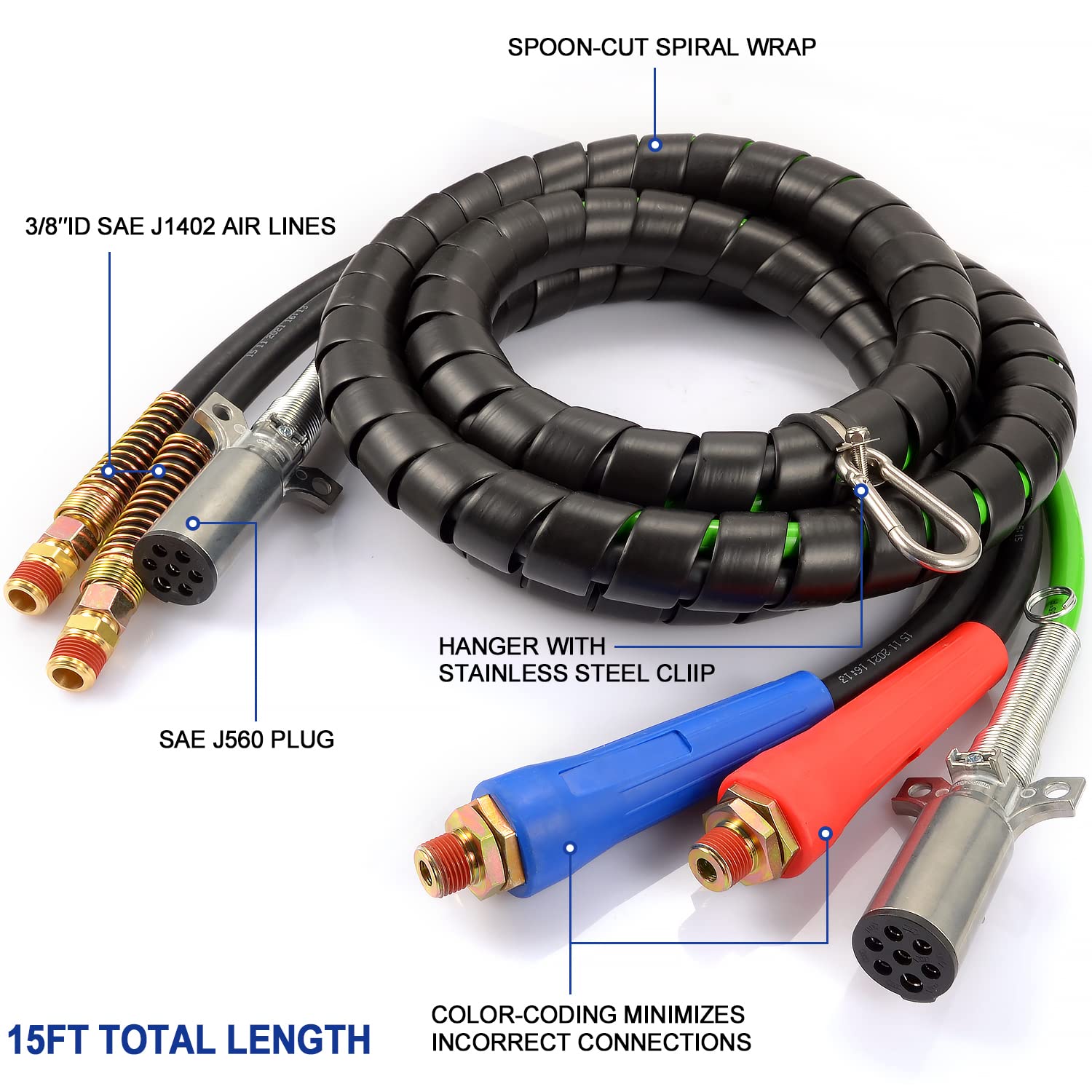 15ft 3-in-1 Wrap Air Power Line with 7-Way Glad Hand Air Hose | ABS Semi Truck Air & Electrical Hose Assembly for Tractor Trailers (TR813215) | Heavy-Duty Brake & Electrical System Connection for Long-Haul Trucks