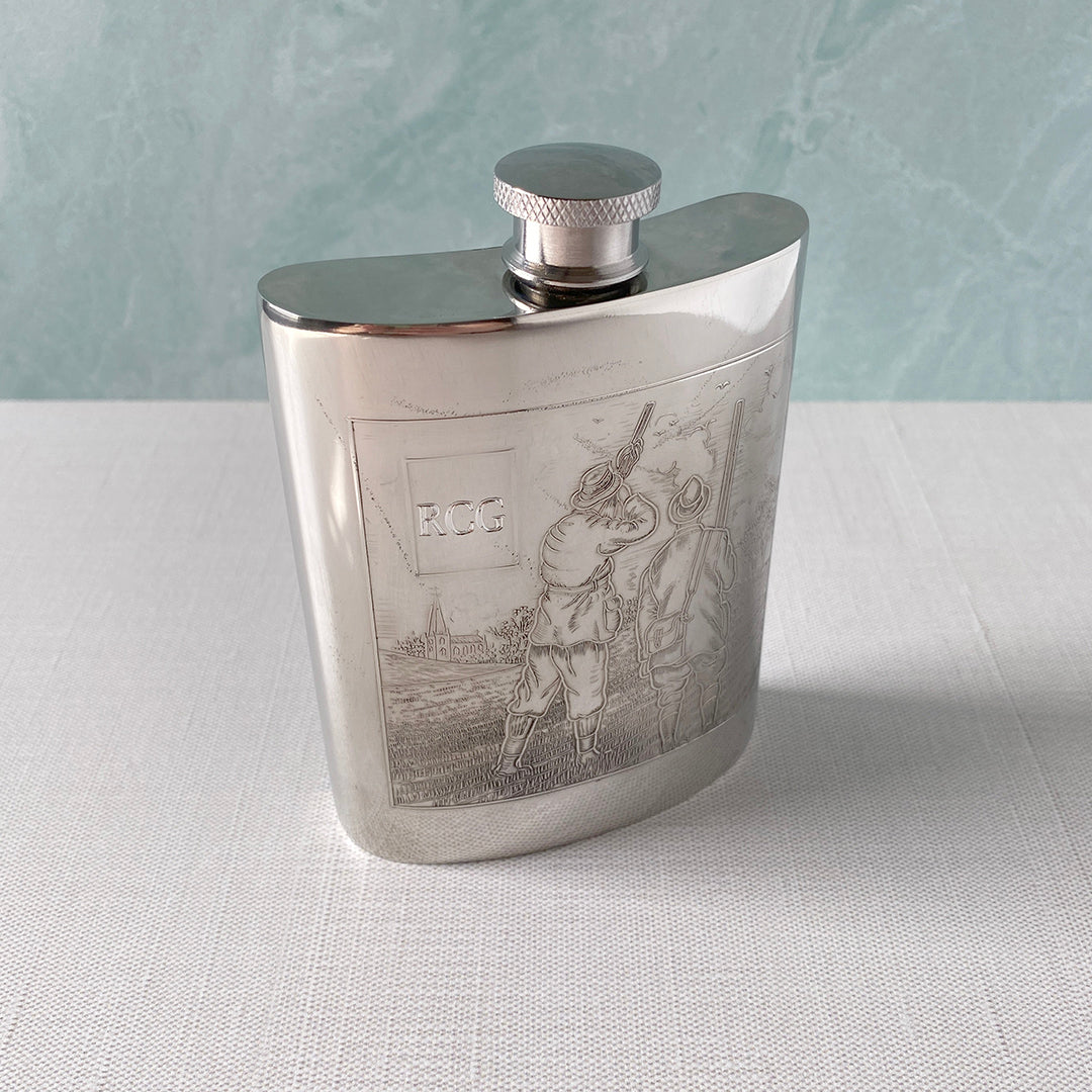 6oz English Pewter Hunting Scene Flask - Vintage Style Liquor Flask for Outdoor Adventures, Camping & Gifts