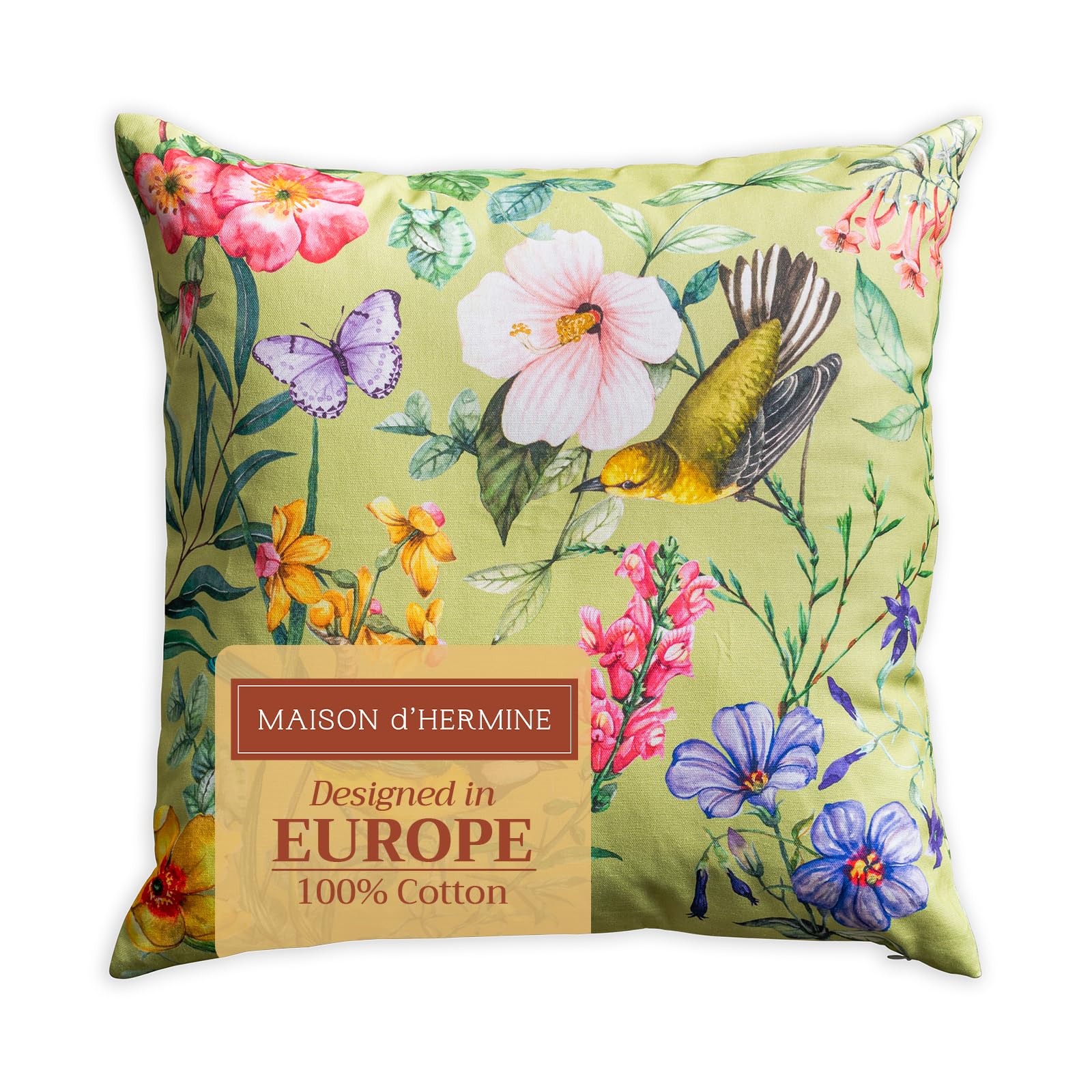 Maison d'Hermine 20x20 Inch Square Decorative Pillow Covers - 100% Cotton Throw Pillow Covers with Hidden Zipper for Sofa, Couch, Bed & Home Decor (Hesperides Birds Design) - Perfect for Easter Decorations, Living Room Accents & Seasonal Home Styling