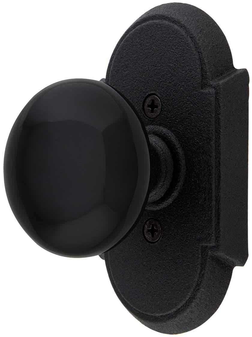 Wrought Steel Arched Rosettes Set with Black Porcelain Knobs - Double Dummy Matte Black Cabinet Hardware for Kitchen & Bathroom Decor