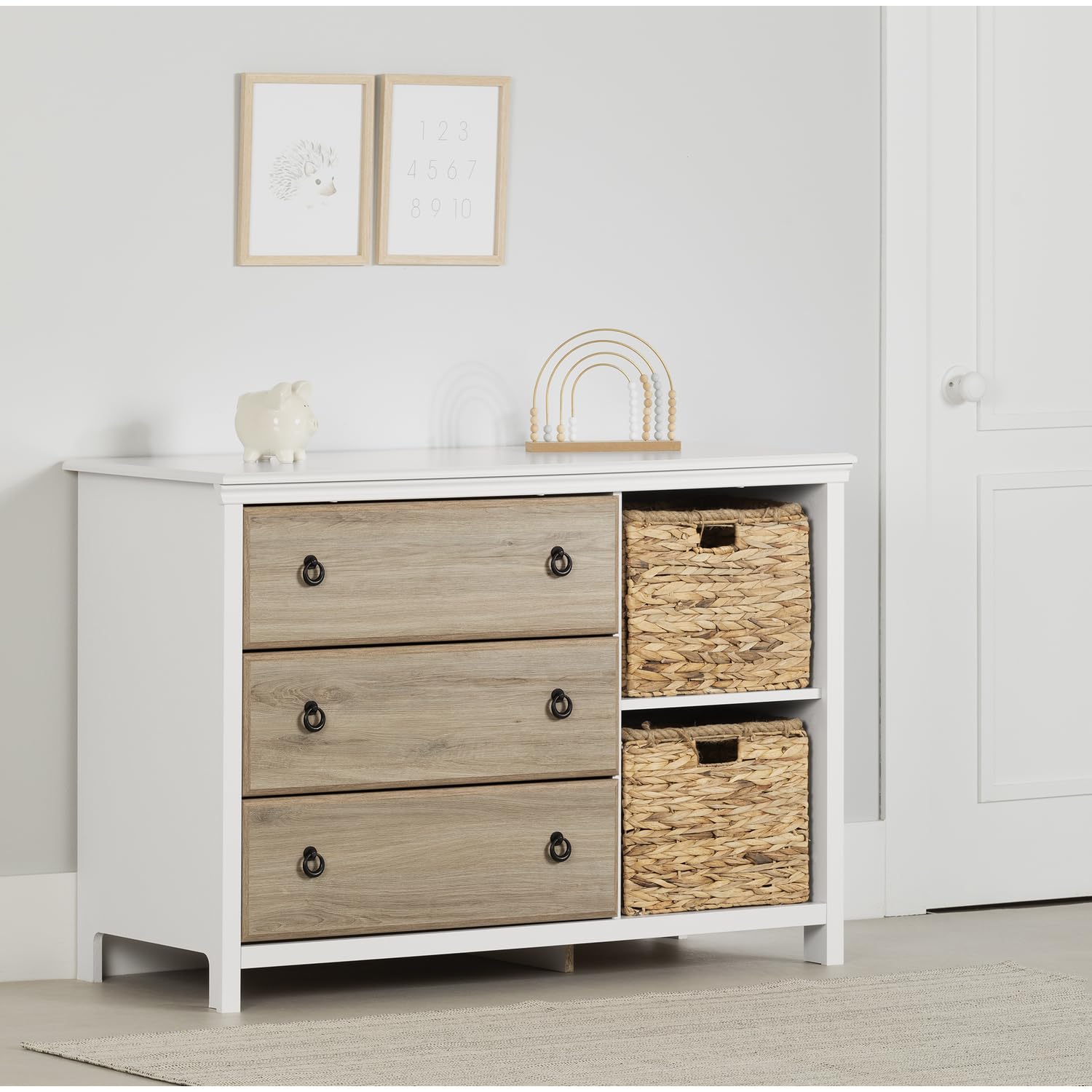 South Shore Cotton Candy 3-Drawer Dresser with Baskets in Pure White & Rustic Oak - Coastal Style Bedroom Storage for Kids, Teens & Nursery Organization