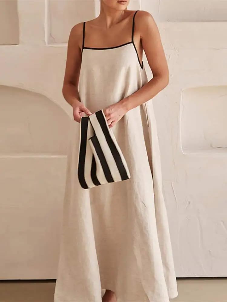Women's Linen Maxi Dress - Sleeveless Spaghetti Strap Flowy Beach Dress for Summer Vacation & Casual Outings | Breathable Loose Fit Sundress for Beach, Travel, and Everyday Wear