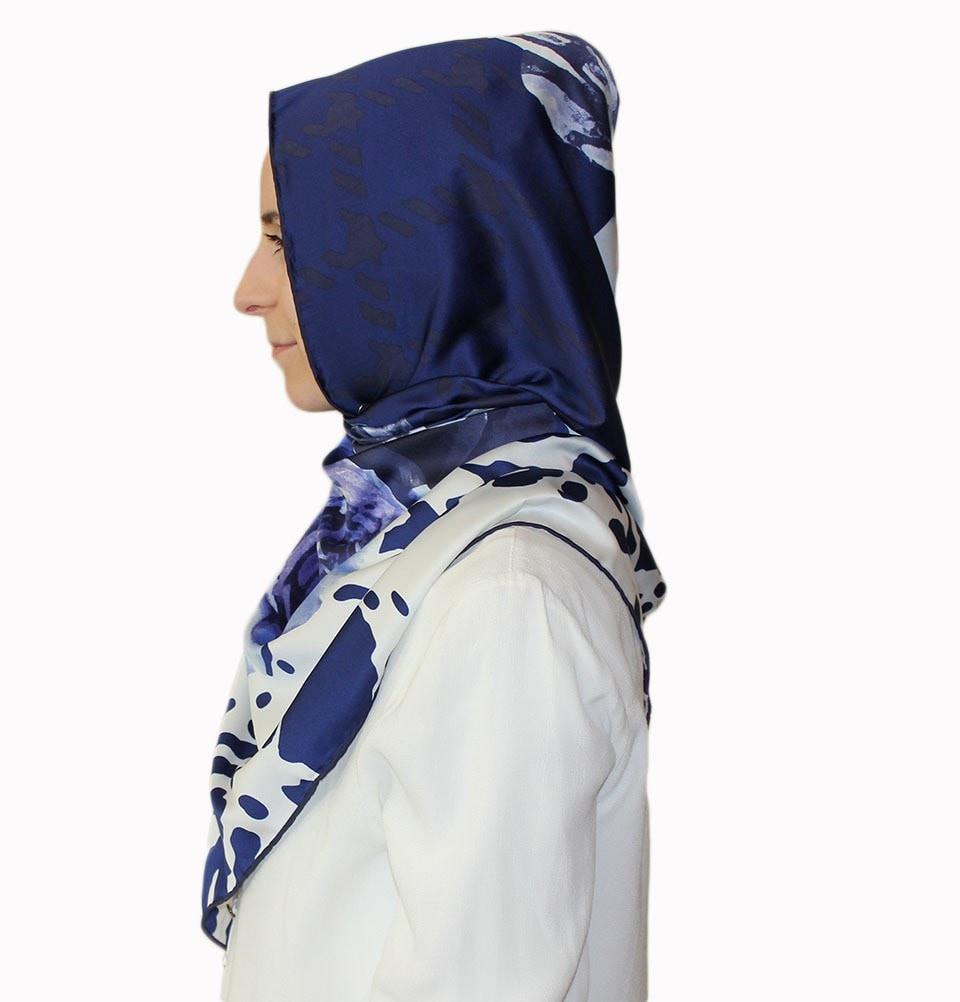 Aker Satin Square Hijab Scarf 6648 921 Blue & White - Soft & Breathable Muslim Headscarf for Women, Perfect for Daily Wear, Prayer, and Special Occasions