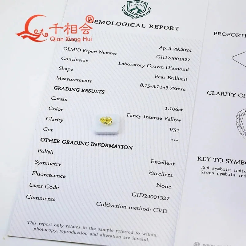 1.1ct Fancy Intense Yellow CVD Lab-Grown Diamond Pear Shape VS1 Clarity GEMID Certified - Perfect for Engagement Rings & Fine Jewelry Making
