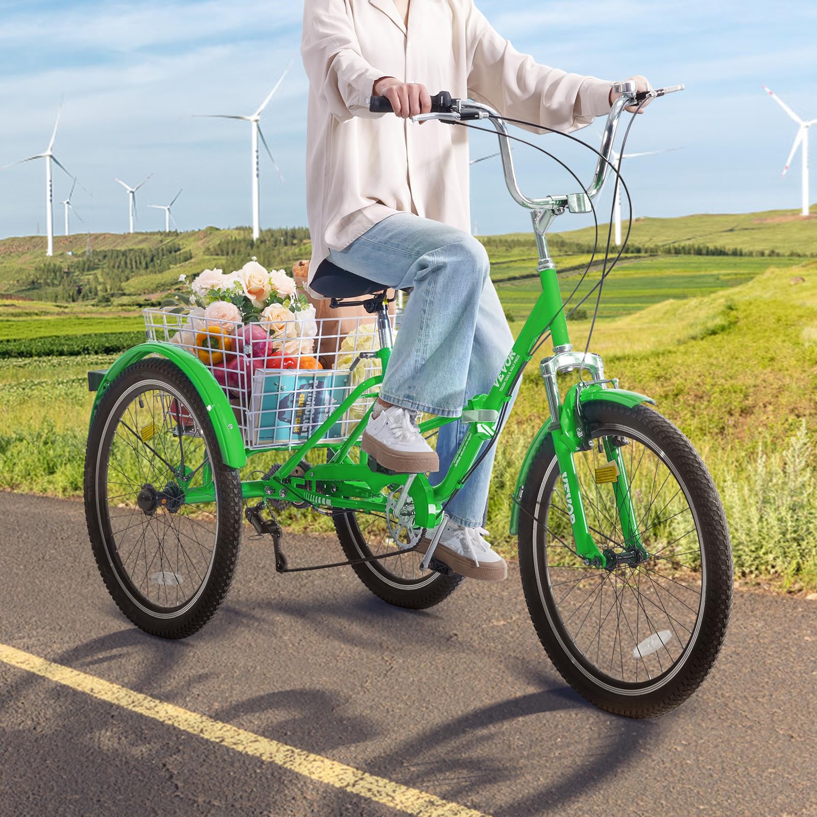 VEVOR Folding Adult Tricycle - 3 Wheel Cruiser Bike with Large Basket & Adjustable Seat - Foldable Trikes for Women, Men & Seniors - Perfect for Shopping, Picnics & Outdoor Recreation