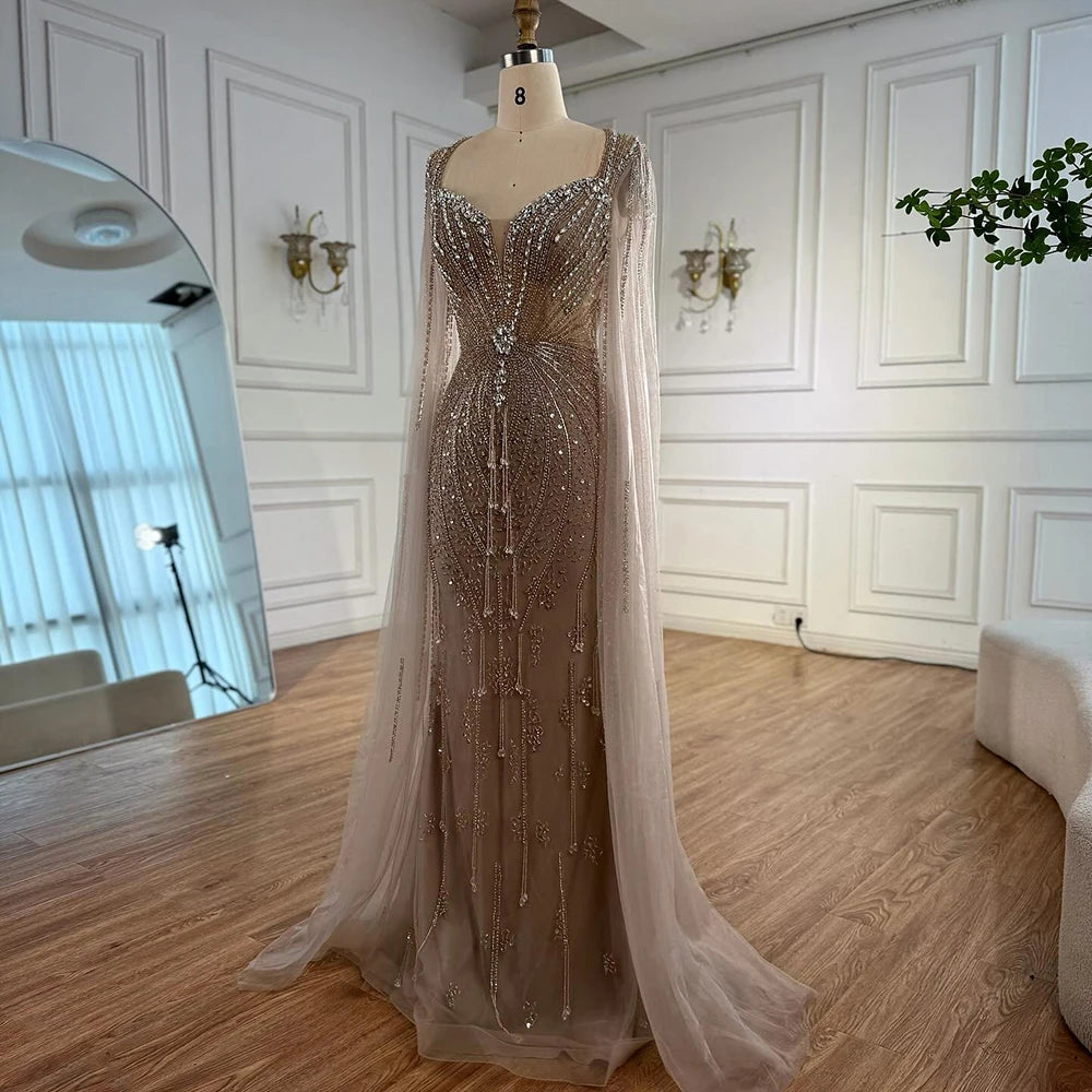 Elegant Beige Beaded Evening Dress with Cape Sleeves - LA72992 | Formal Gown for Prom, Wedding & Special Occasions