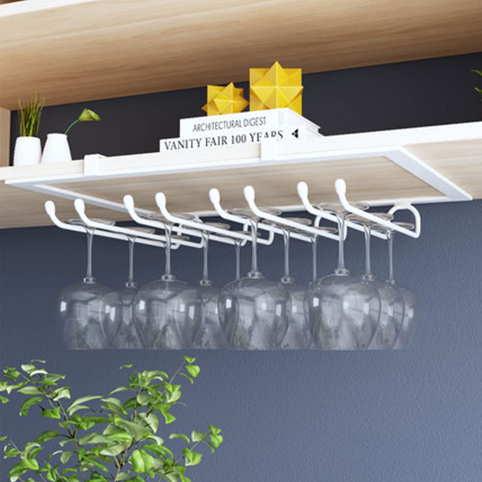 Stainless Steel Under Cabinet Stemware Rack - Hanging Wine Glass Holder for Kitchen, Bar, Pub - Decorative Wine Glass Storage & Display Shelf (White) - Perfect for Organizing Wine Glasses in Small Spaces & Adding Elegance to Your Home Bar