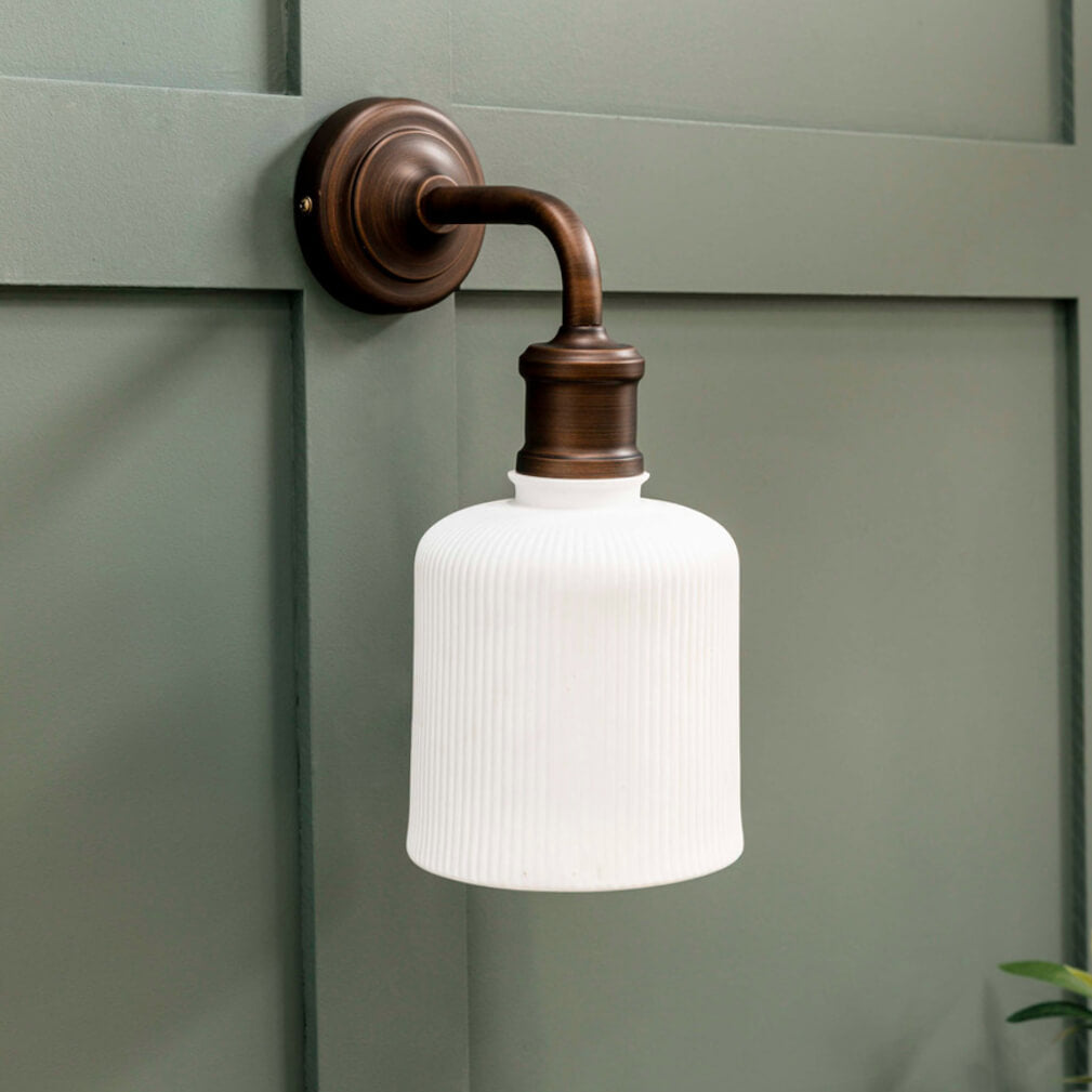 Antique Bronze & Ceramic Beaulieu Fluted Cylinder Wall Light - Vintage Sconce for Living Room, Bedroom, or Hallway Lighting