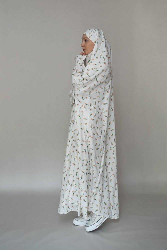 Floral Tulip Print Cotton Satin Nightgown - Soft Sleepwear for Women, Comfortable Extended Coverage Petite Length Pajama Dress for Lounge & Bedtime
