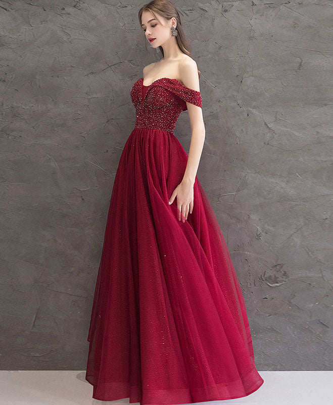 Elegant Burgundy Tulle Off-Shoulder Long Prom Dress for Women - Formal Evening Gown for Homecoming, Wedding Guest, or Special Occasions