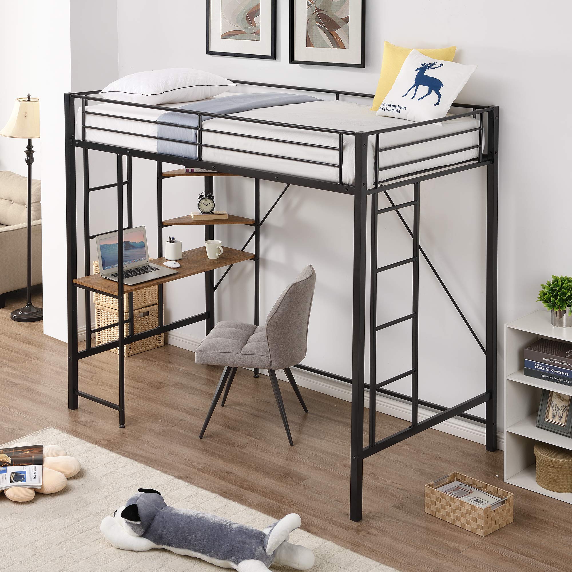 Space-Saving Metal Twin Loft Bed with Built-In Desk, 2 Ladders & Shelves - Sturdy Loft Bed Frame for Teens & Adults - No Box Spring Needed - Perfect for Small Bedrooms, Dorms & Studio Apartments