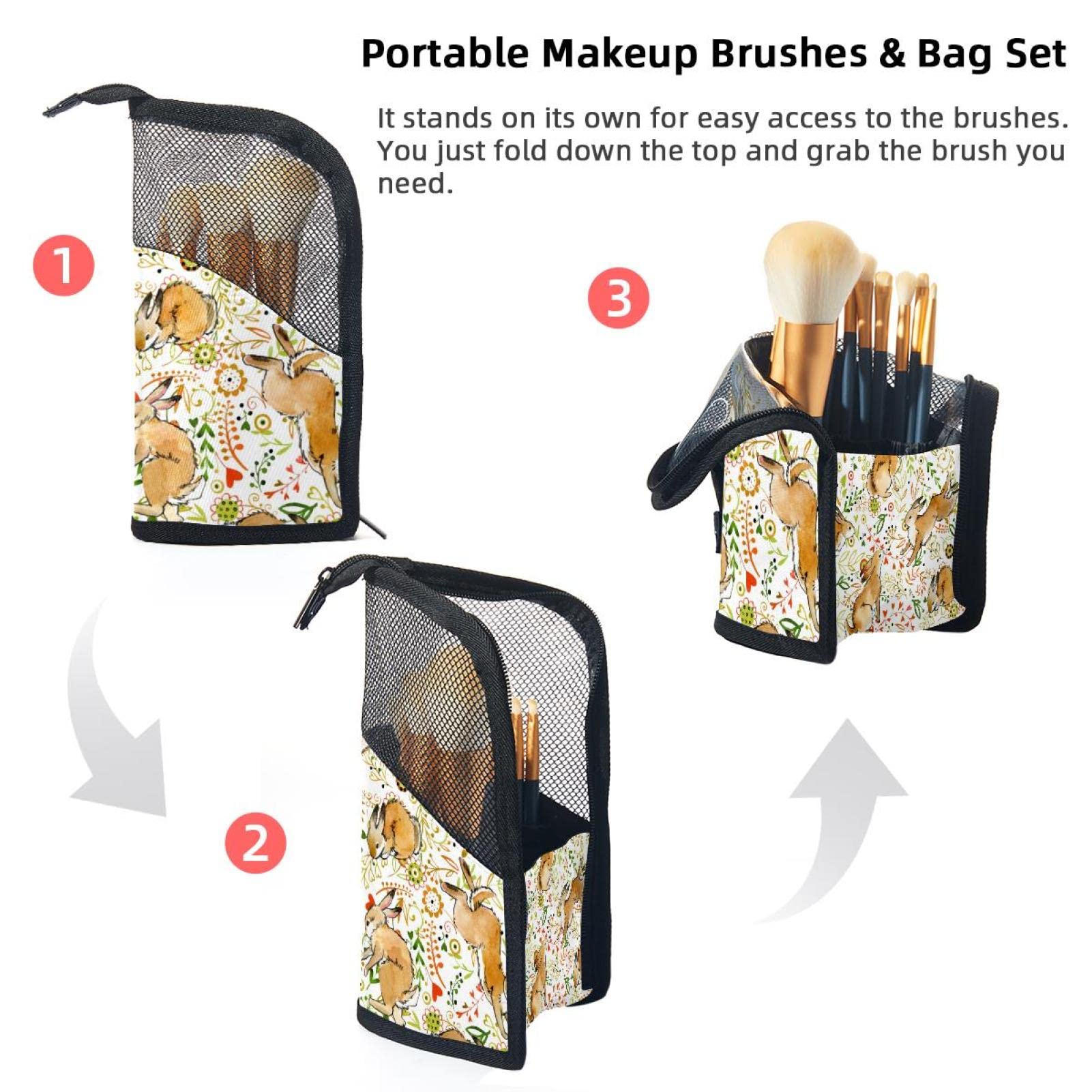Premium 12-Piece Makeup Brush Organizer Bag with Bunny Floral Rabbit Design - Portable Cosmetic Brush Holder Case for Travel & Home Vanity Organization