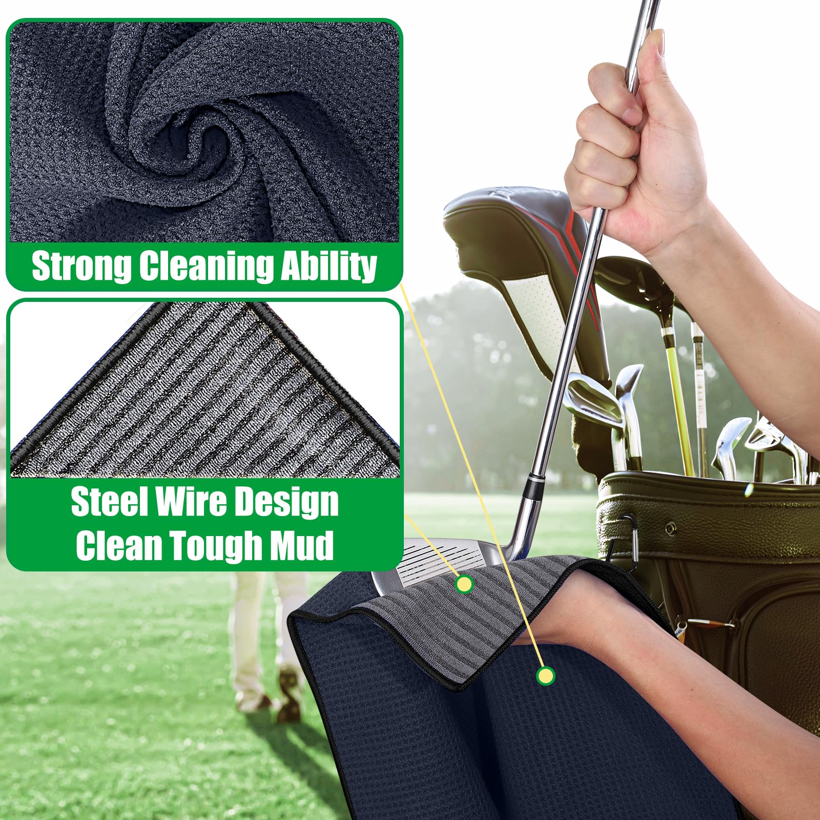 2 Pack Magnetic Golf Towels with Clips - Super Absorbent Microfiber Waffle Pattern for Club Cleaning - Golf Accessories for Men & Women - Perfect for Golf Bags, Carts & Club Maintenance (Black & Blue)