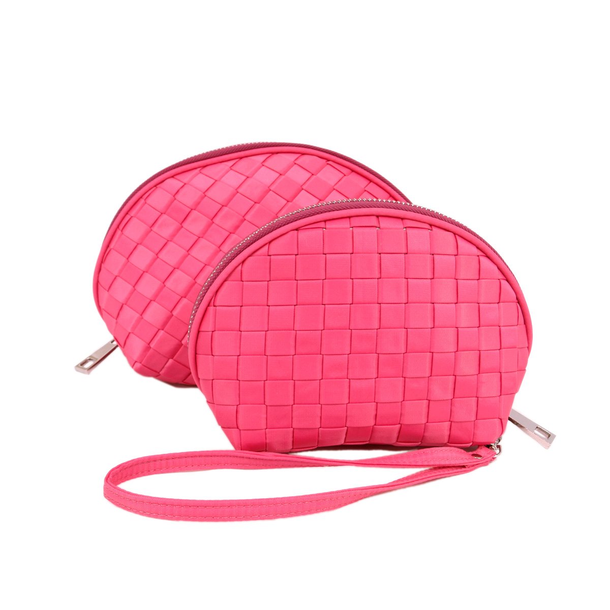 Trendy Blue Premium Interwoven Braided Wristlet Cosmetic Makeup Bag Set of 2 - Fuchsia Pink | Perfect for Travel, Gym & Everyday Essentials Organization