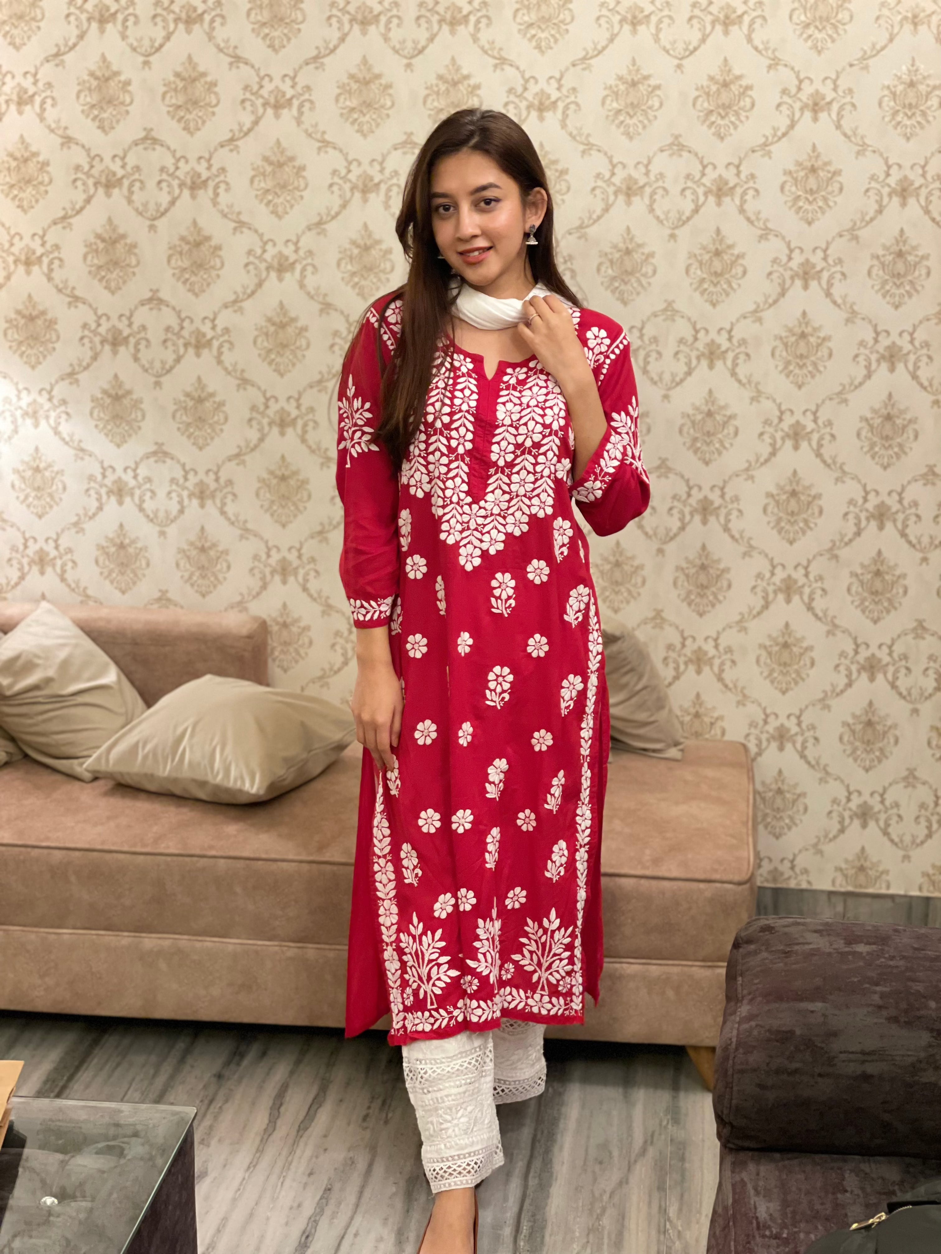 Premium Hand Embroidered Chikankari Kurta for Women - Red Modal Cotton Indian Tunic Top - Perfect for Festivals, Weddings & Casual Wear