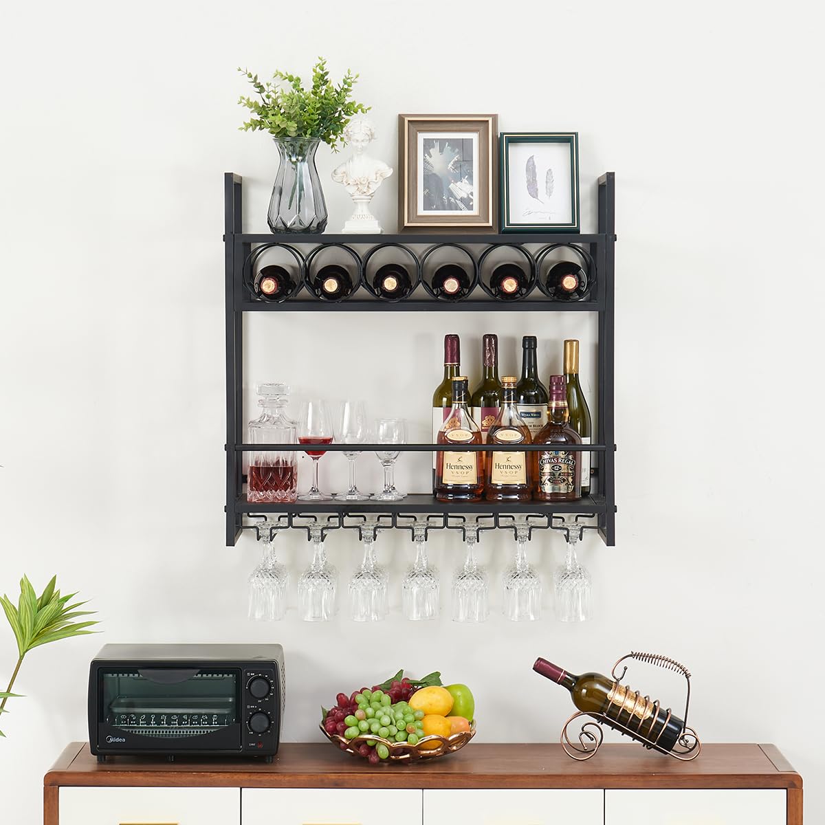 Wall Mounted Wine Rack with Glass Holder - Floating Metal Liquor Shelf for Wine Bottle Storage & Display - Black Bar Decor for Kitchen, Dining Room or Home Bar