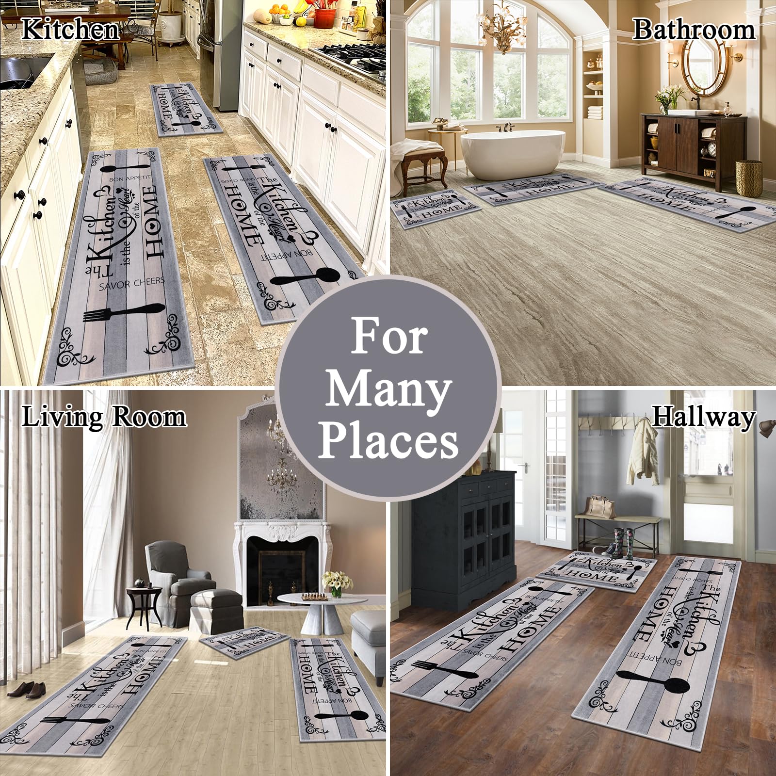 Vaukki Boho Kitchen Rug Set - Washable Non-Slip Floor Mats for Kitchen, Laundry & Hallway (Grey/Beige) - Perfect for Boho Home Decor