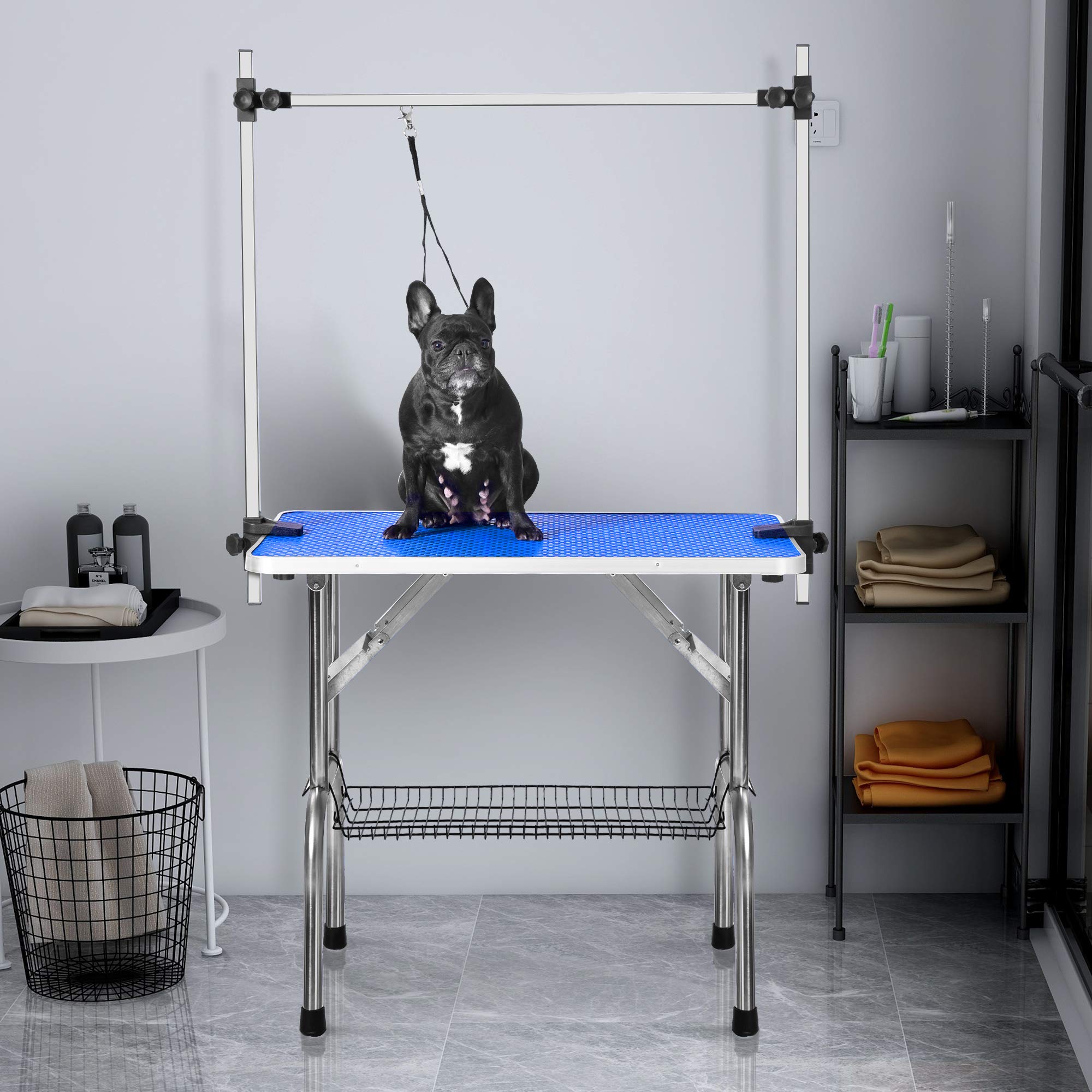 LZ LEISURE ZONE Adjustable Height Dog Grooming Table - Foldable Portable Pet Grooming Station with Non-Slip Rubber Surface & Mesh Tray - Perfect for Professional Groomers & Home Pet Care (Blue)