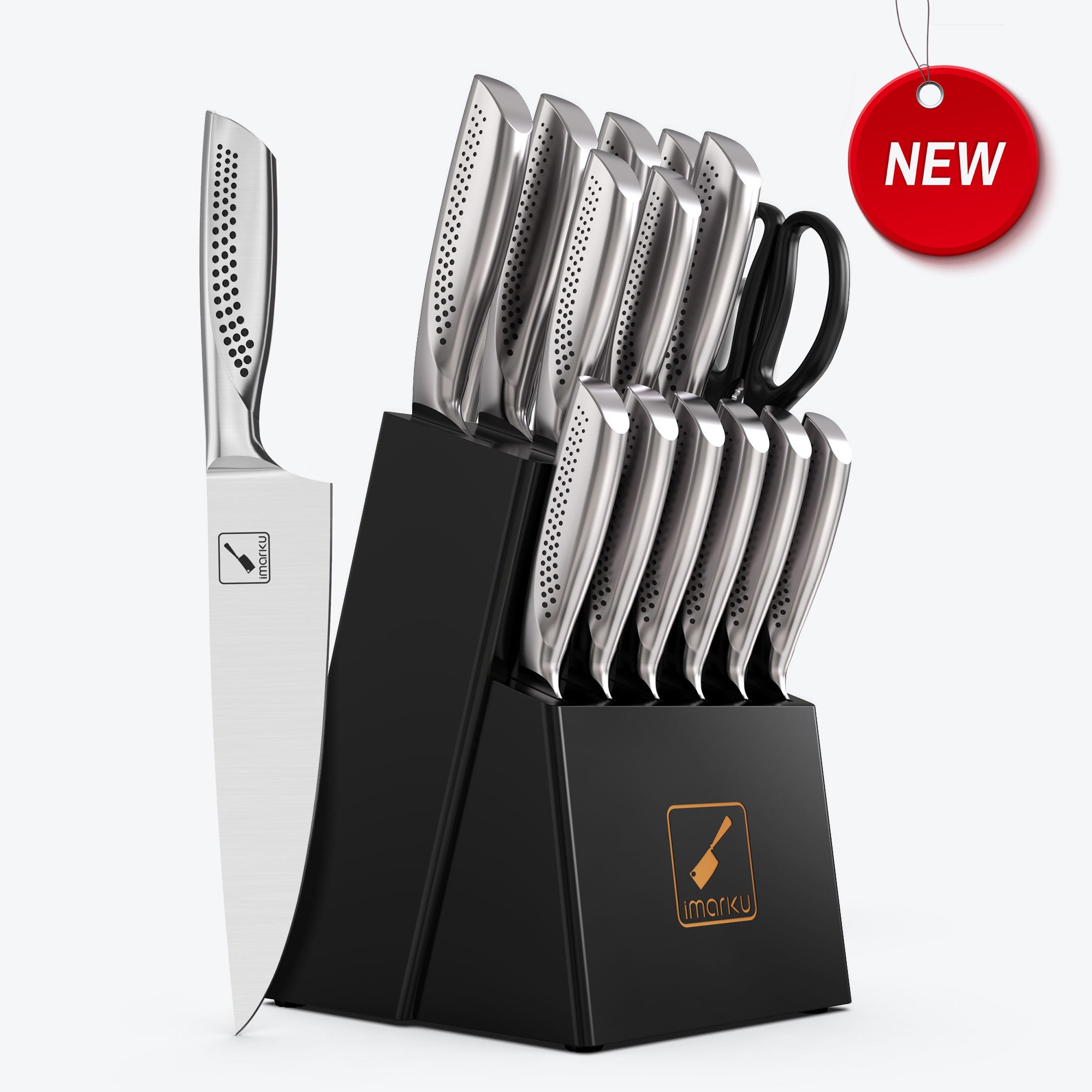 Imarku 15-Piece Stainless Steel Knife Block Set with Built-in Sharpener - Premium Kitchen Cutlery for Chefs & Home Cooking | Perfect for Meal Prep, Slicing, Dicing & Food Presentation