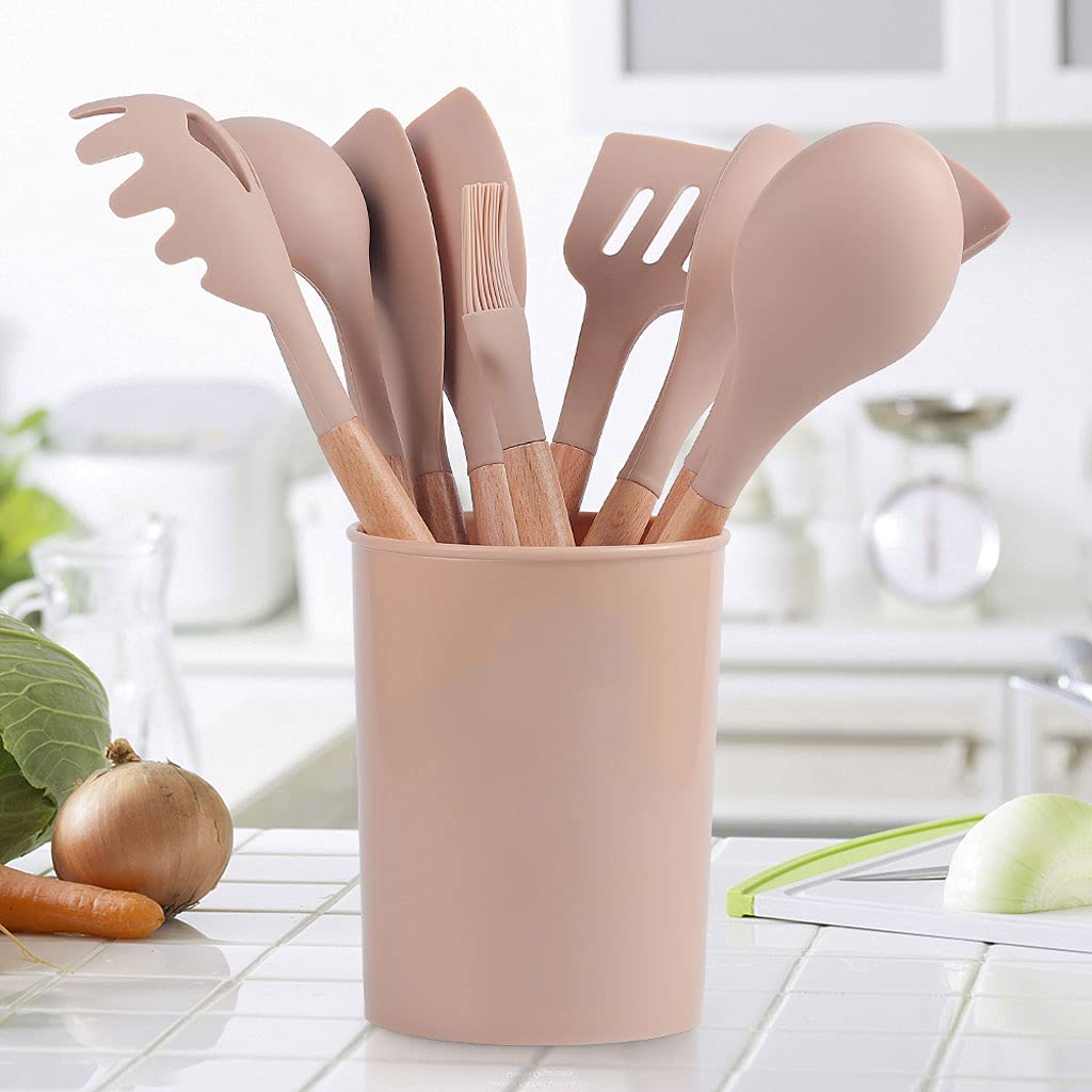 12-Piece Silicone Kitchen Utensil Set with Wooden Handles - Non-Toxic & BPA Free for Cooking & Baking