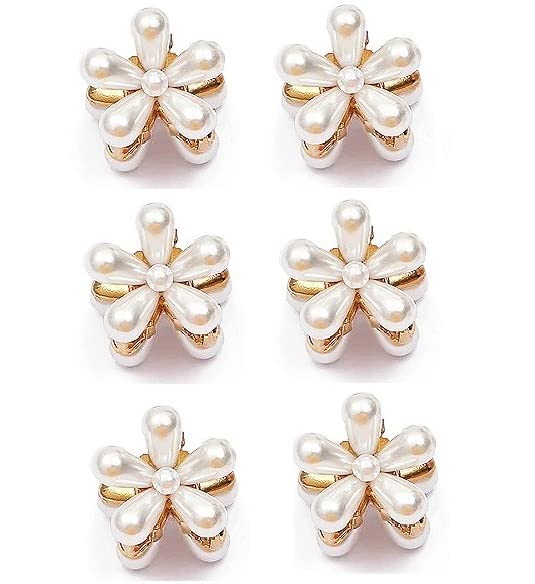 Glamifirsto Pearl Mini Claw Clips (6 Pack) - Flower Design Small Hair Clips, Ponytail Holders, Pearl Hair Pins, Barrettes for Women & Girls - Perfect for School, Work, Parties & Everyday Hairstyles